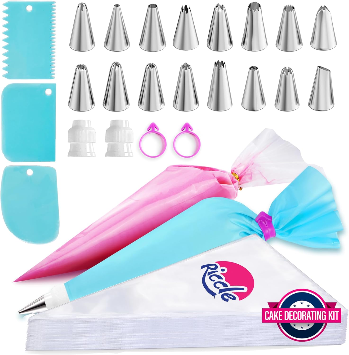 Riccle Piping Bags and Tips Set, 11.8 Inch 100 Anti Burst Piping Bags, 124 Pcs C...
