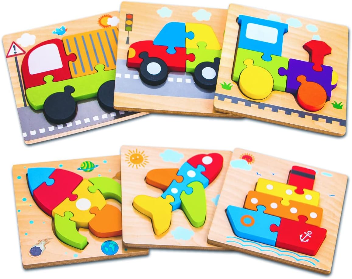 SKYFIELD Wooden Vehicle Puzzles for 1 2 3 Years Old Boys Girls, Toddler Educatio...