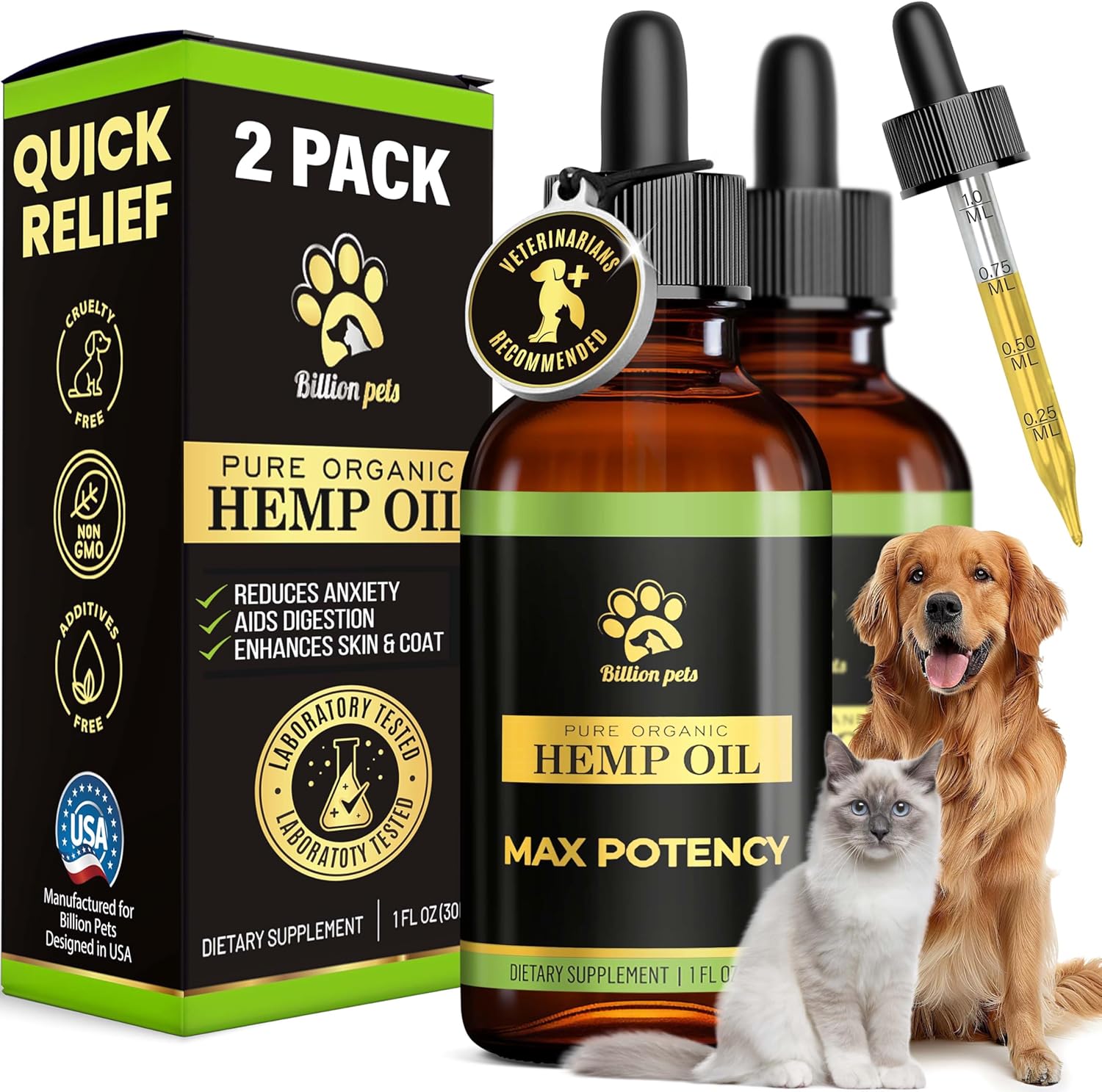 Hemp Oil for Dogs and Cats - Helps with Anxiety, Pain, Stress, Sleep, Arthritis,...