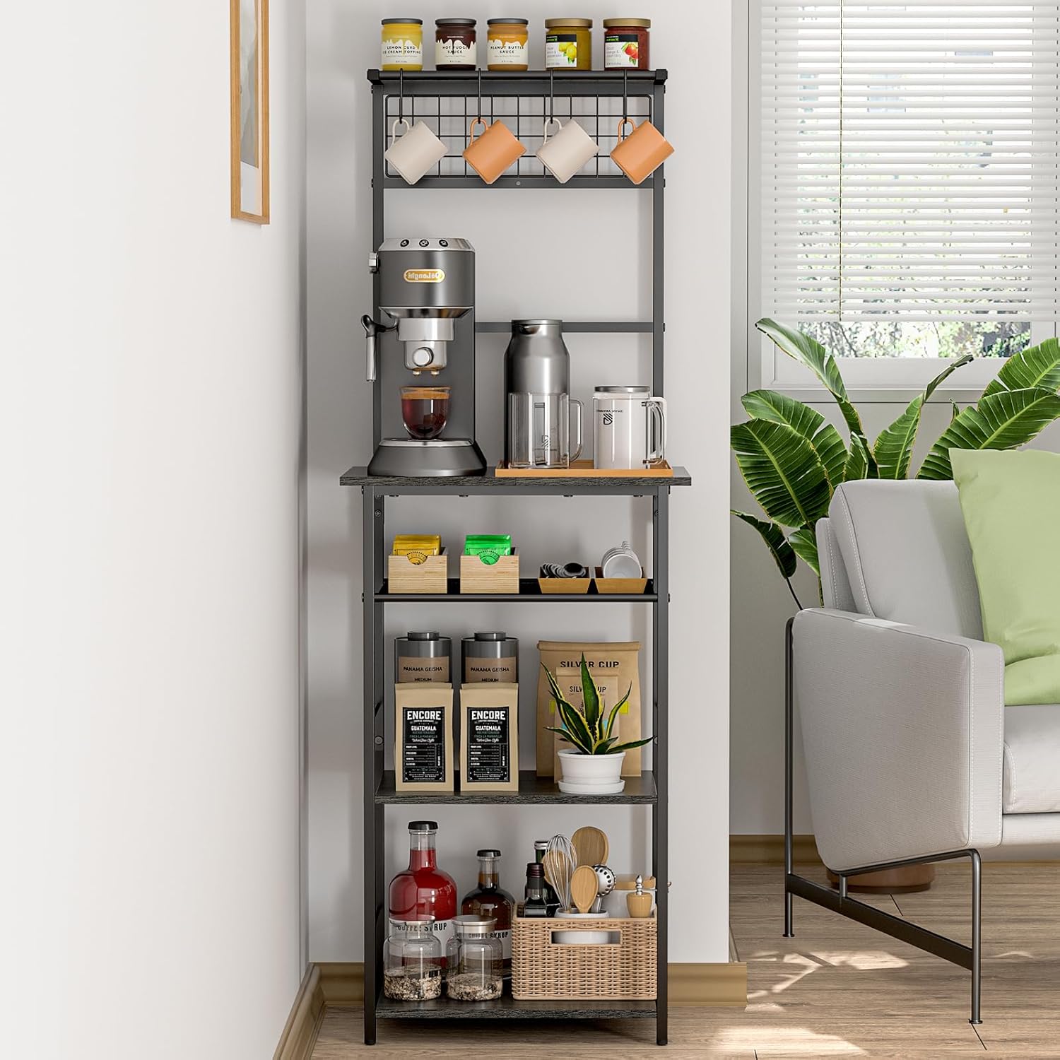 5 Tier Coffee Bar Station, Coffee Stand Station with 4 S-Shaped Hooks, Farmhouse...
