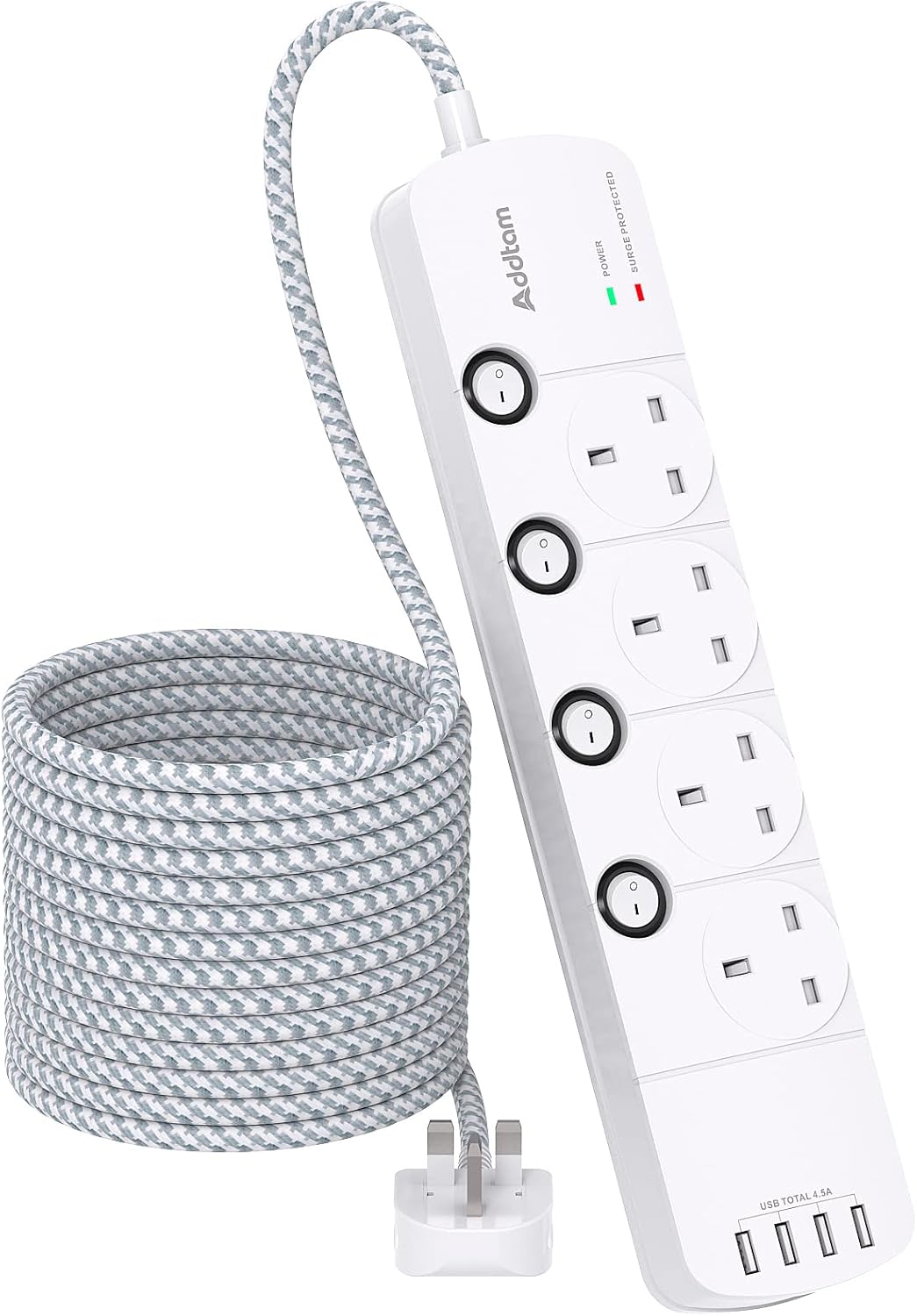 Extension Lead with USB Slots, 4 Way Socket Outlet...