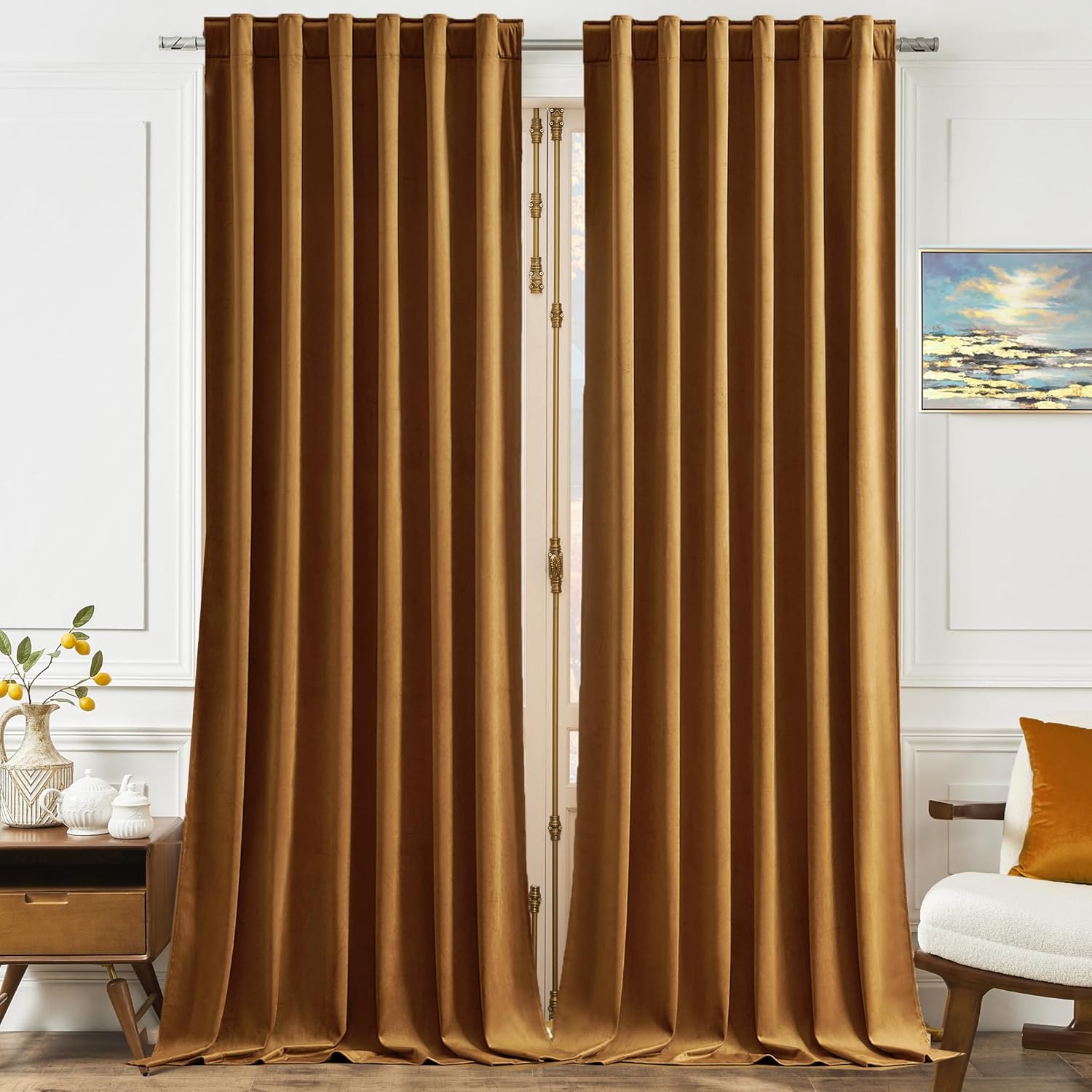 Timeper Gold Brown Velvet Curtains 84 inches 2 Panels, Light Blocking Curtains f...