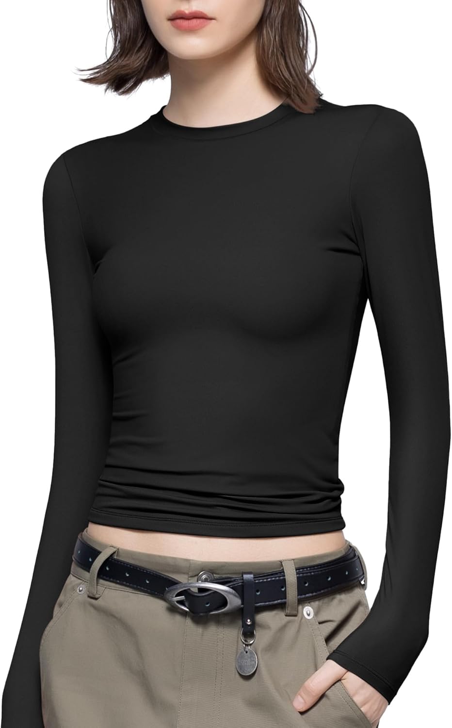 PUMIEY Women's Long Sleeve T Shirts Crew Neck Slim Fit Tops Sexy Basic Tee Smoke...