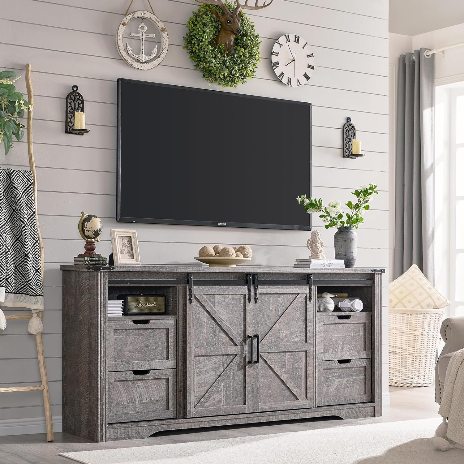 Farmhouse TV Stand for 75+ Inch TV, 32" Tall Entertainment Center w/4 Drawers &...