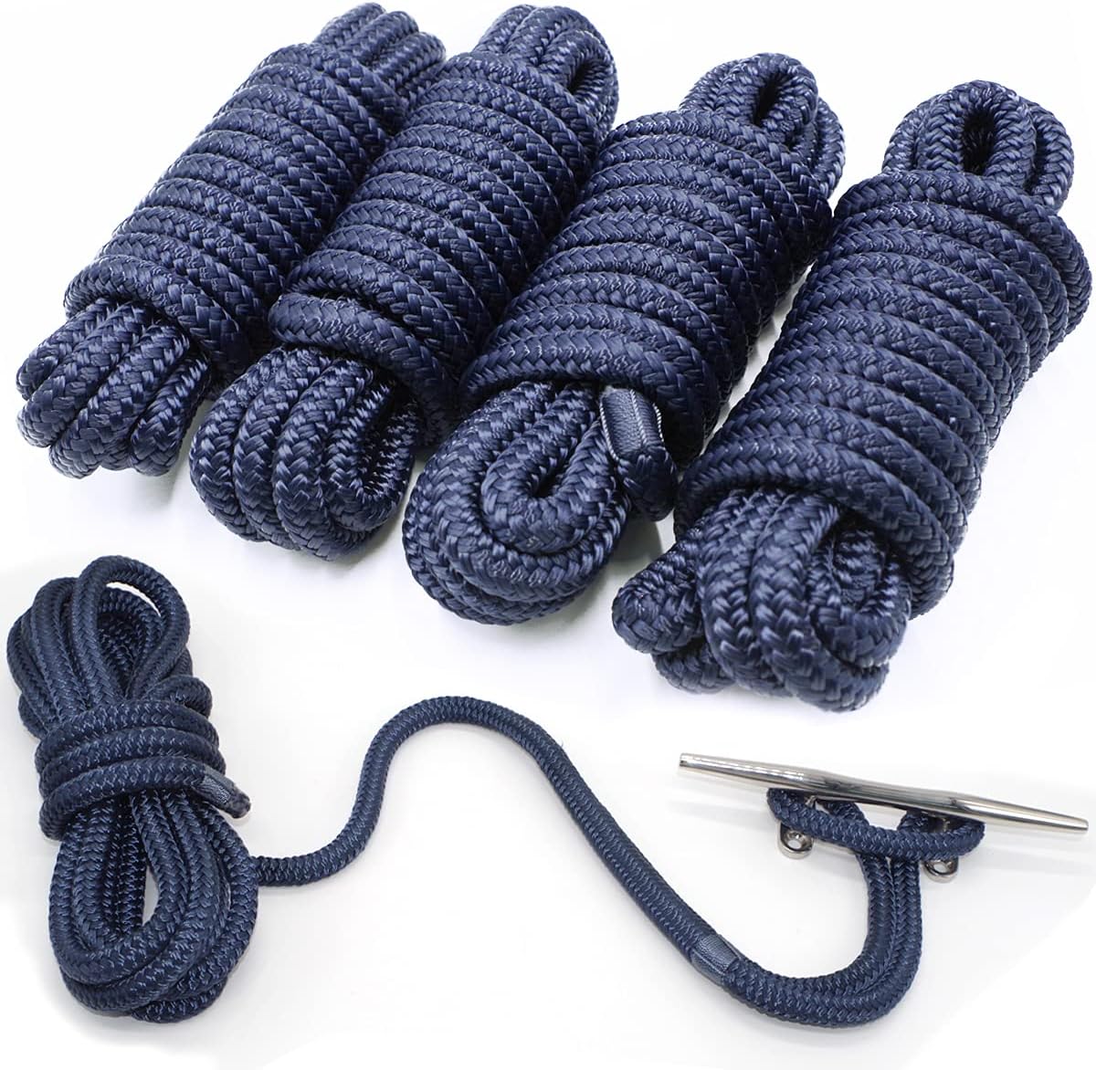 4 Pack 1/2” X 15’ Dock Lines|Marine-Grade Double-B...