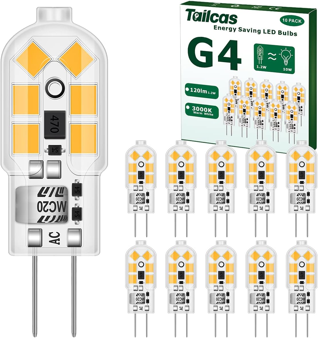 G4 LED Light Bulb 12V, 1.2W Equivalent 10W G4 Halogen Lamps, Warm White 3000K, 1...