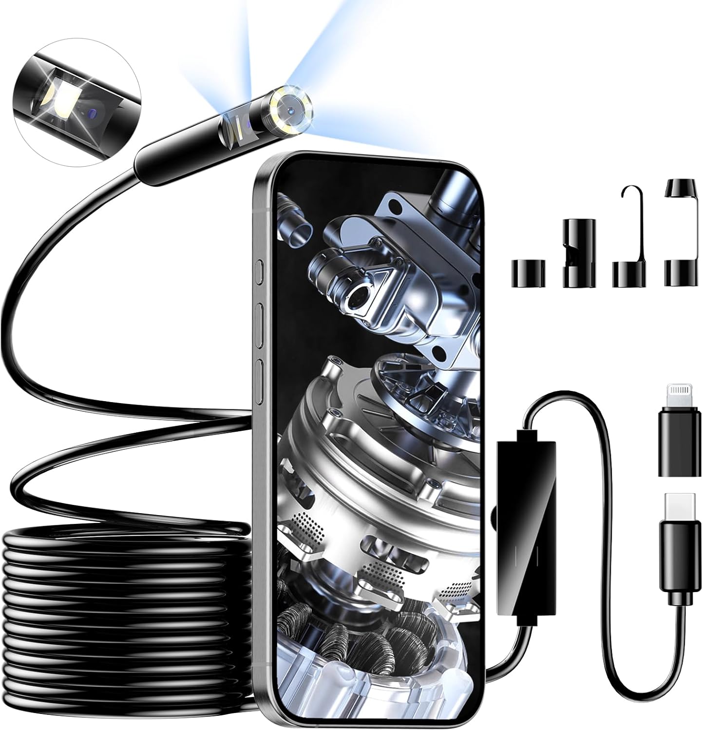 Dual Lens Endoscope Inspection Camera, 1920p Endoscope Camera with 8+1 Adjustabl...