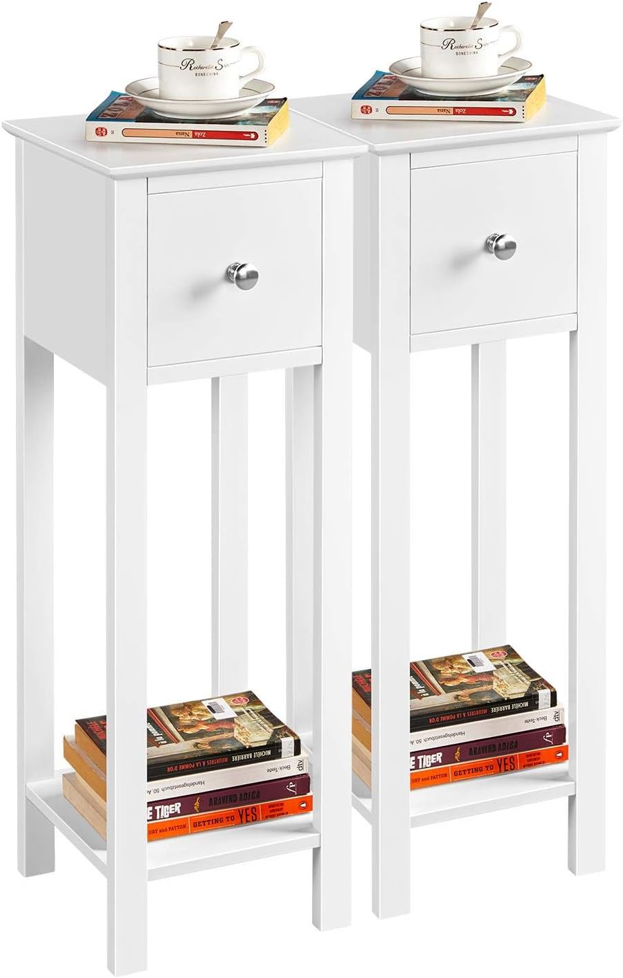 Yaheetech White Slim Bedside Table Set of 2, Narrow Wooden Nightstand with Drawe...
