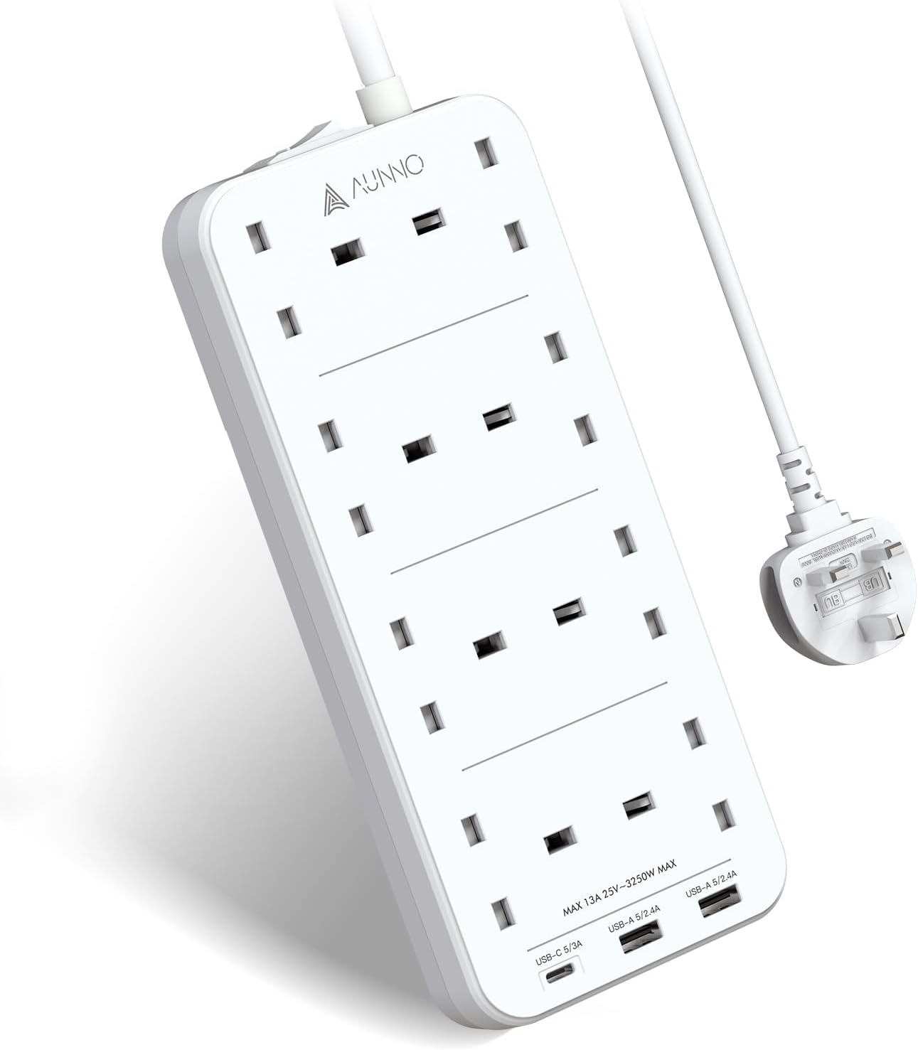 AUNNO Extension Lead with USB Slots, 8 Way Sockets Outlets with 2 USB-A Ports an...