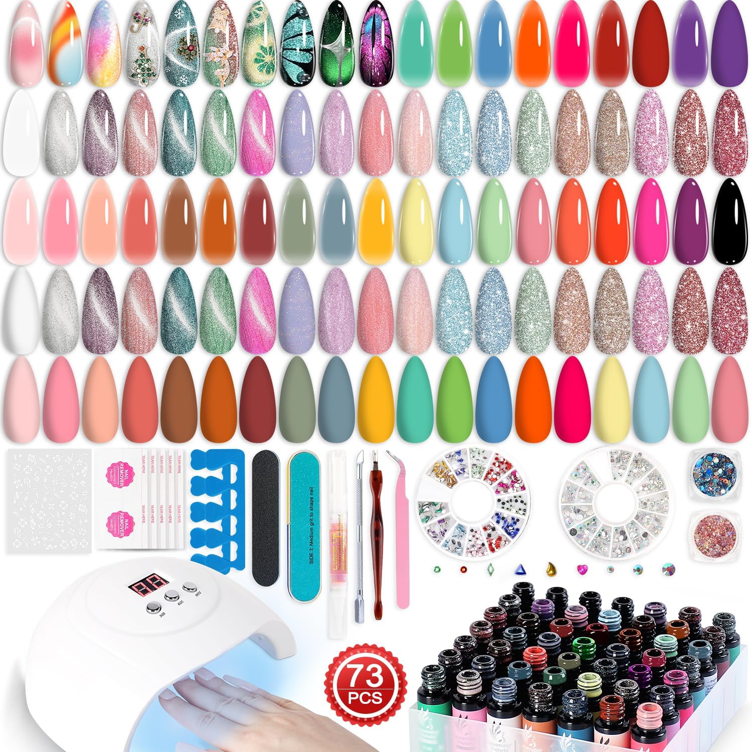 Lavender Violets 73 Pcs Gel Polish Kit with UV Lamp 45 Colors Semi Sheer,9D Cat...