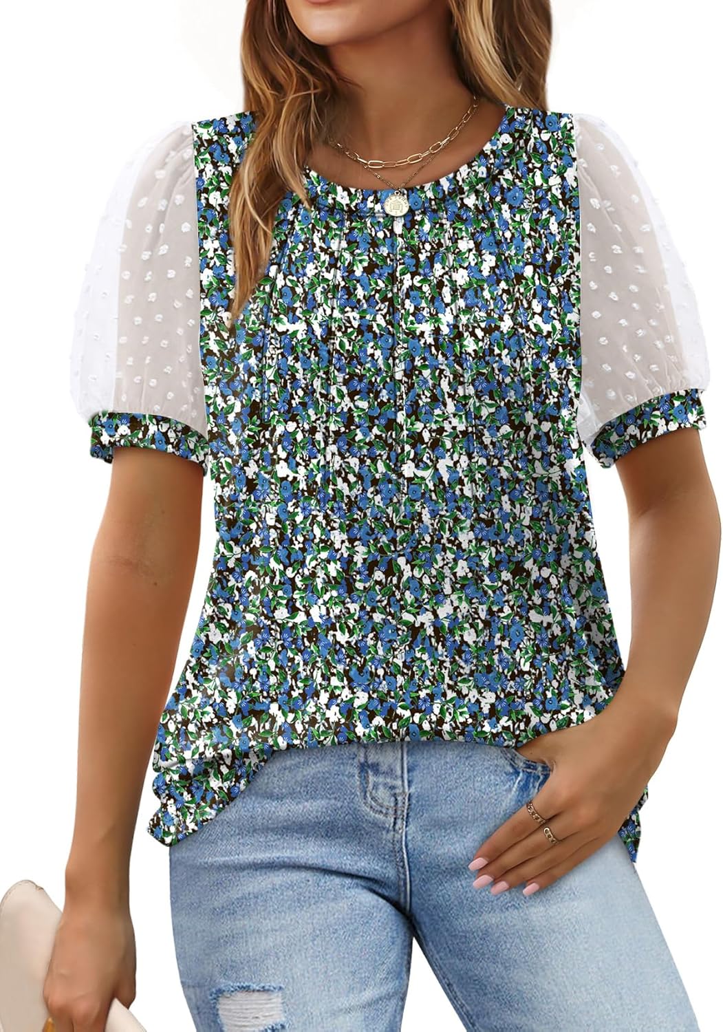 Aokosor Womens T Shirts Ladies Swiss Dot Tops Pleated Front T Shirt Puff Sleeve...