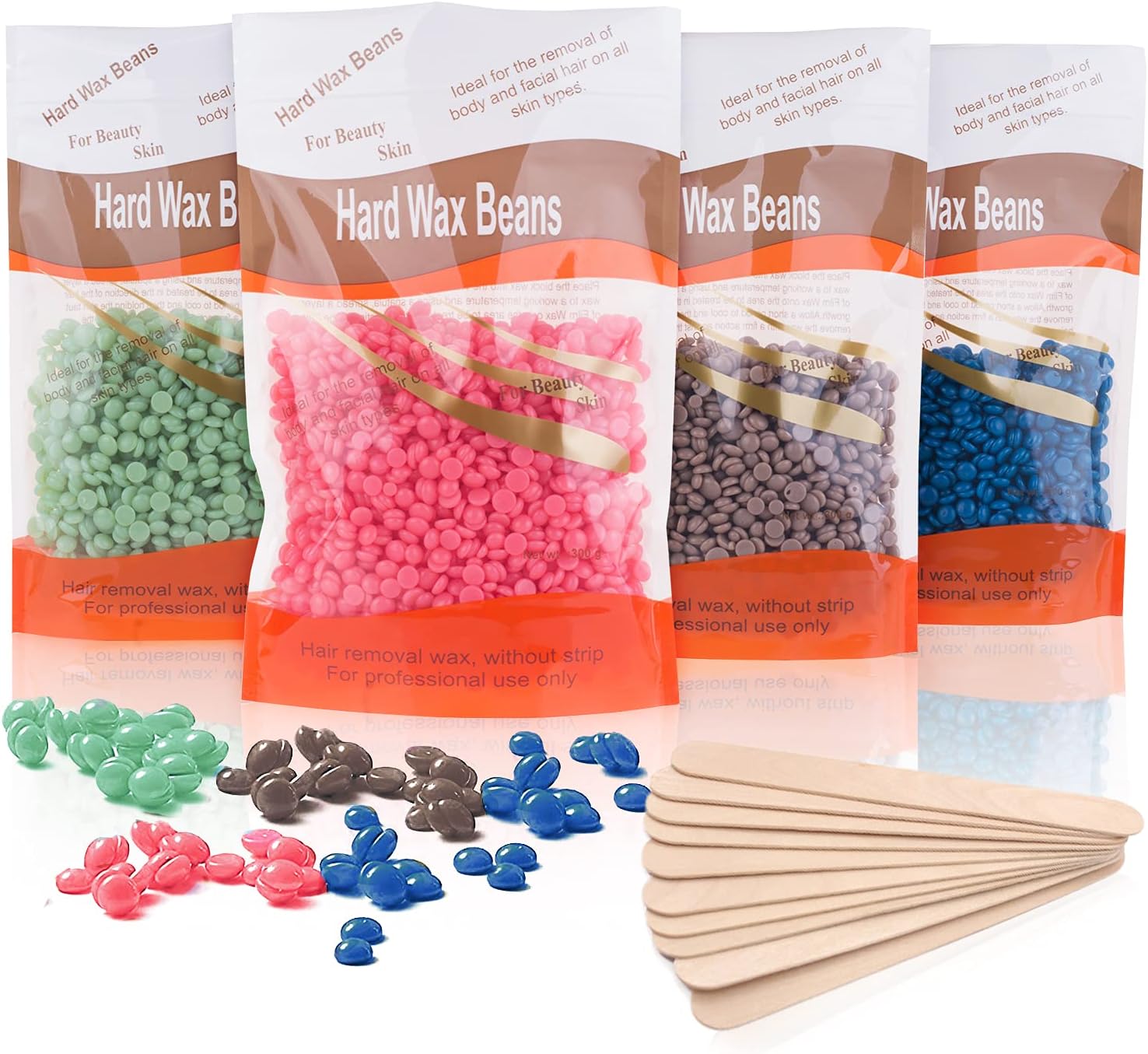 Hard Wax Beads, 4 X 100G Painless Hard Wax Beans with 10 Applicators, Profession...