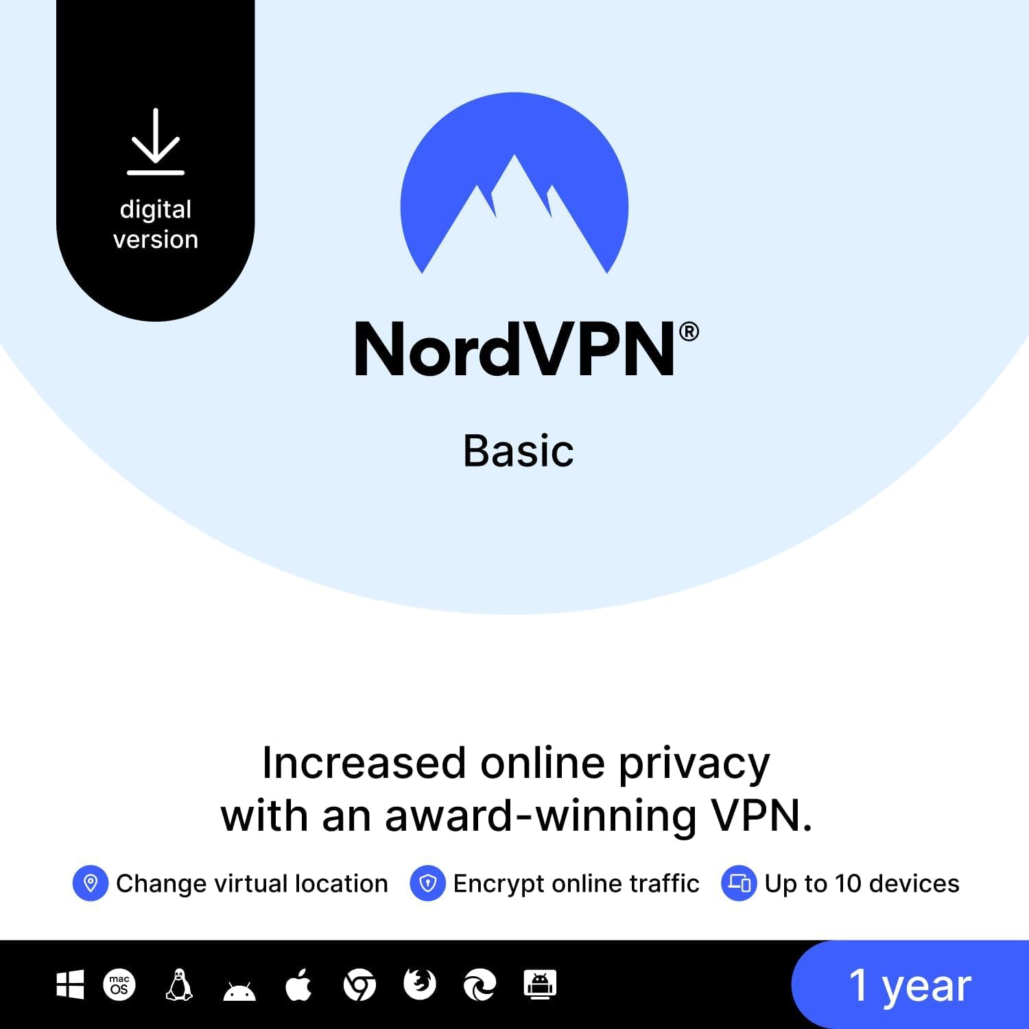 NordVPN Basic, 10 Devices, 1-Year, Premium VPN Sof...
