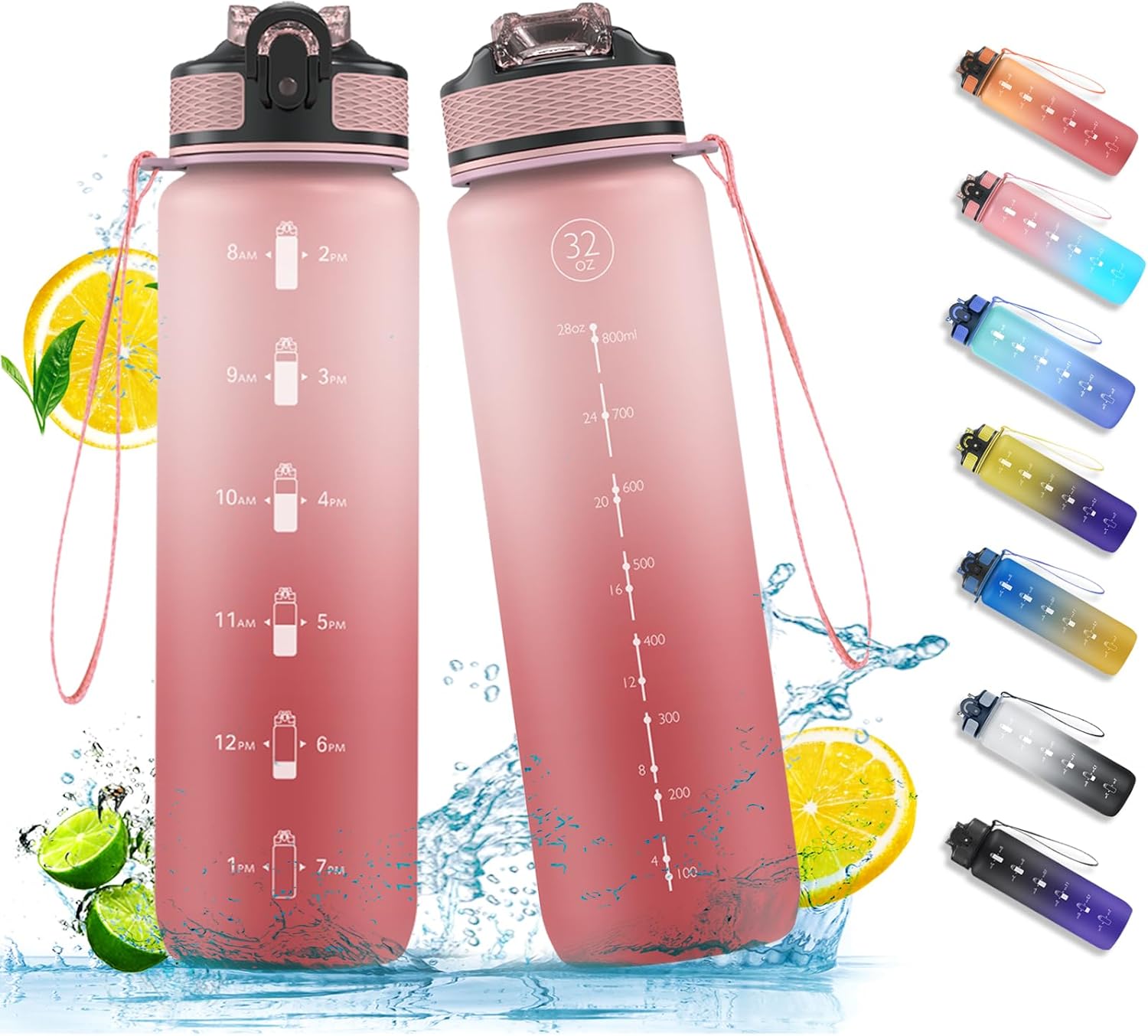 NAVTUE Water Bottle, 1L Sports Water Bottle with Straw, Time Markings, Leak Proo...
