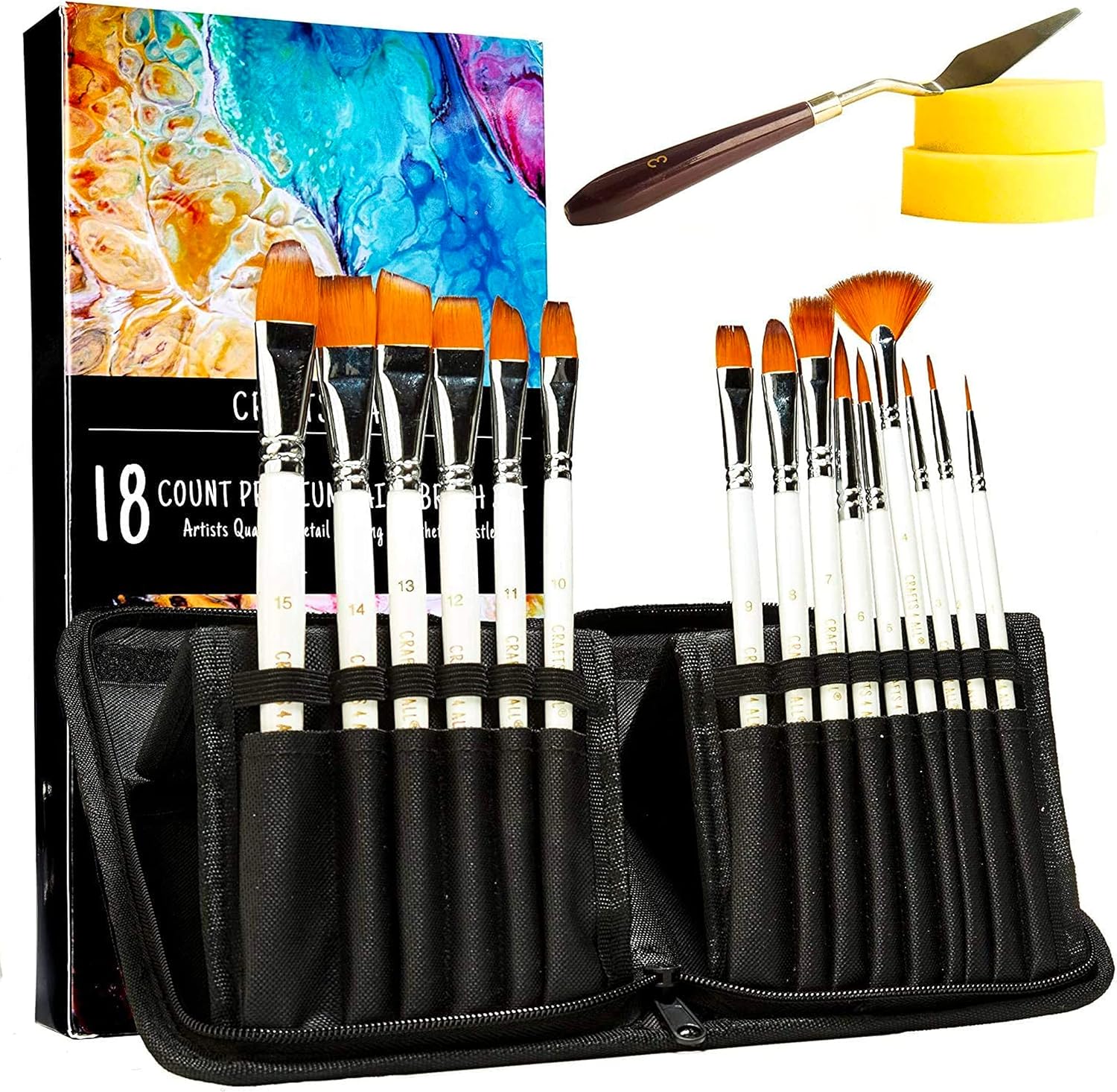 Crafts 4 All Acrylic Paint Brushes - Pack of 18 Professional, Wide and Fine Tip,...