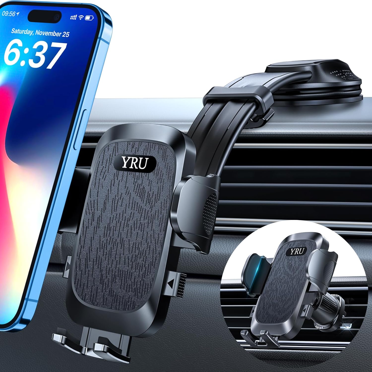 YRU [2025 Ultimate Car Phone Holder Mount [Bendable & Adjustable Aluminum Arm] C...