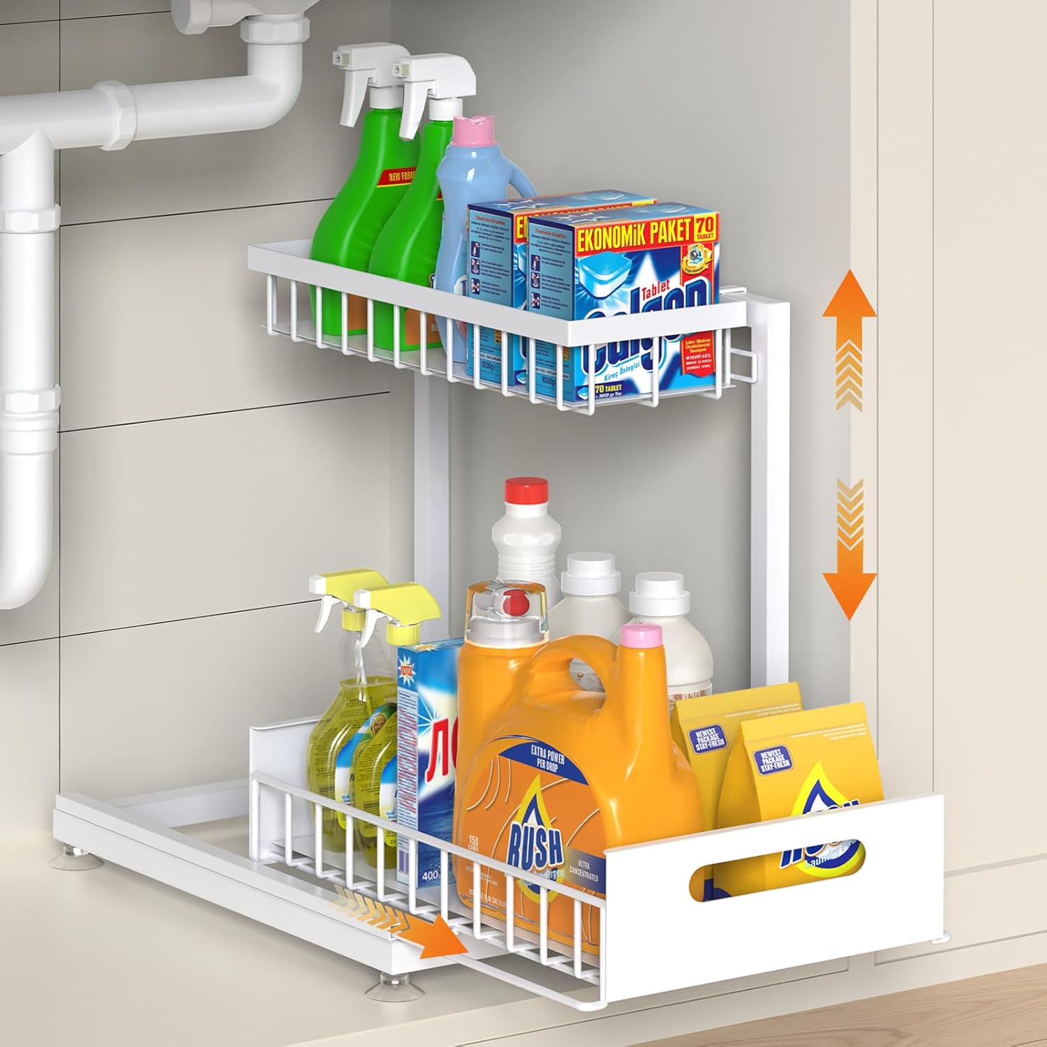 Under Sink Organizer Storage 2-Tier Premium Metal Pull-Out Racks, Height Adjusta...