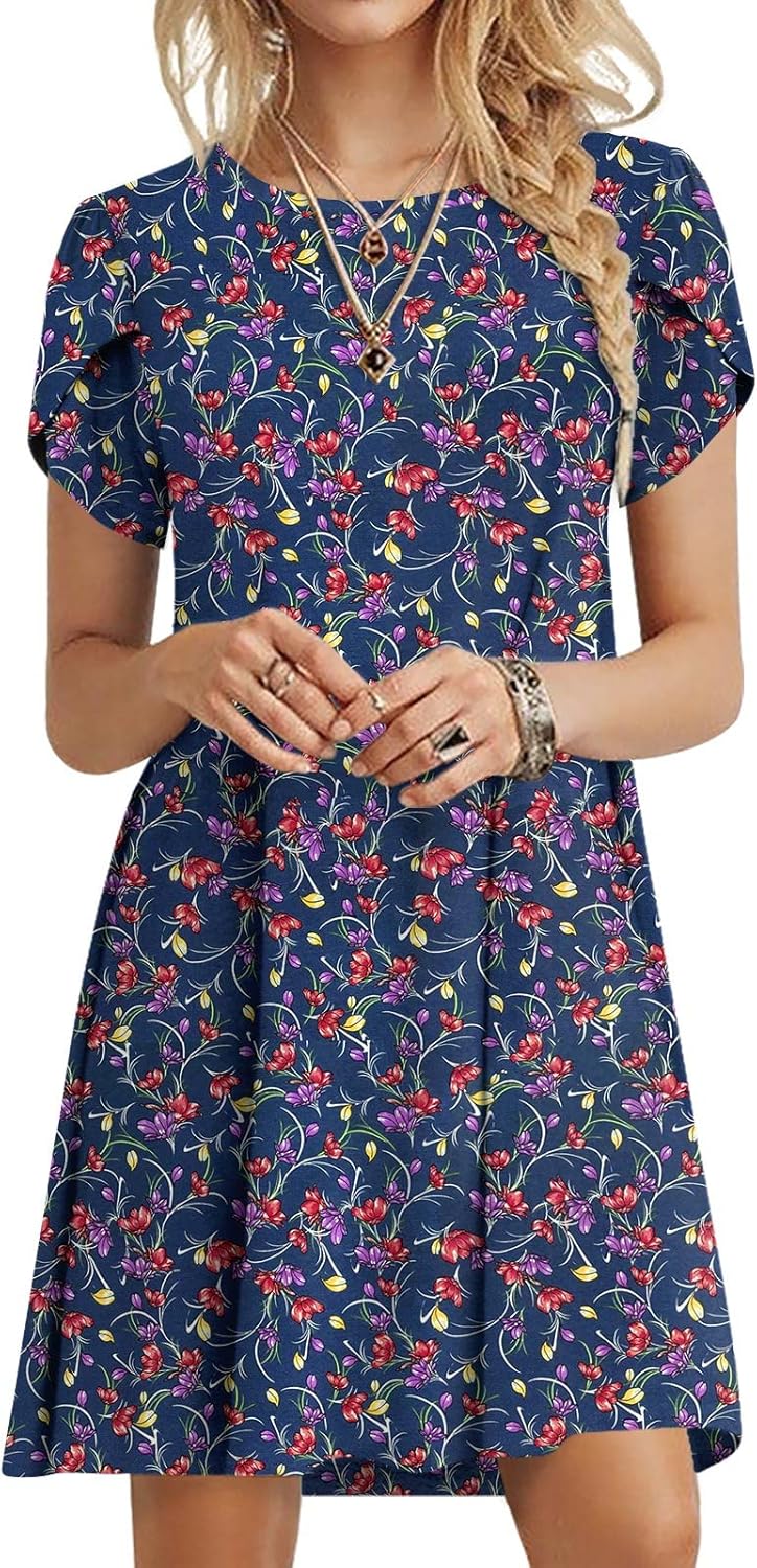 HOTGIFT 2025 Womens Dress Summer Short Sleeve Crewneck Sundress with Pockets M-4...