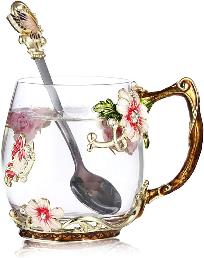 Luka Tech Handmade Enamel Butterfly Flower Glass Coffee Mugs Tea Cup with Spoon,...