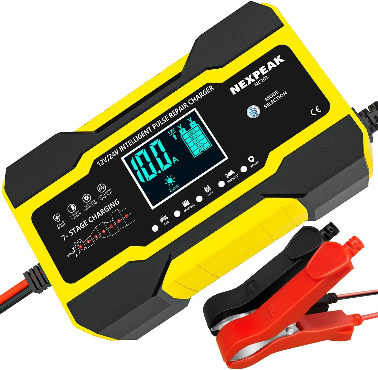 10-Amp Car Battery Charger, 12V and 24V Smart Fully Automatic Battery Charger wi...