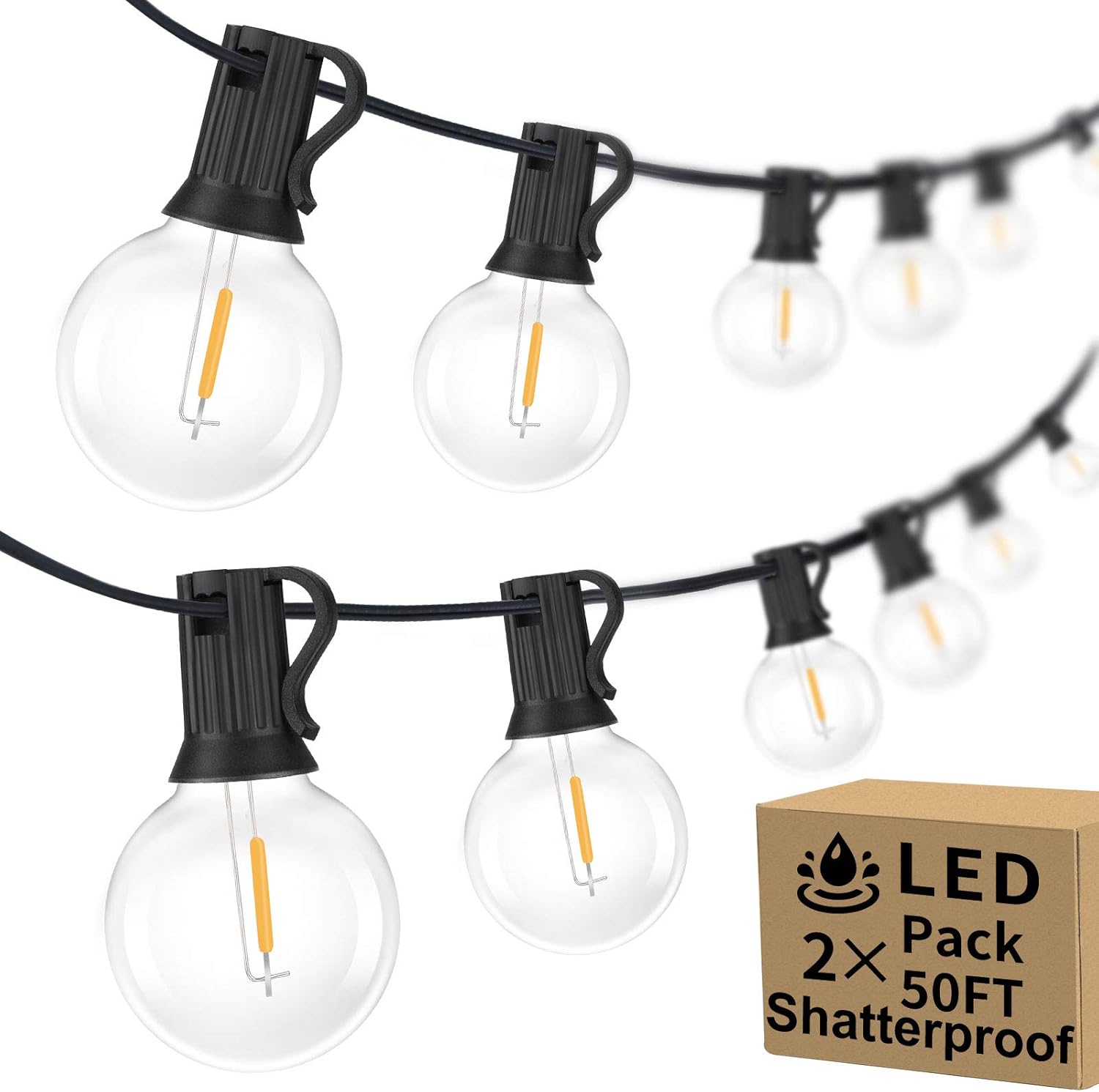 100ft 2-Pack Outdoor G40 LED Globe String Lights Dimmable Waterproof Shatterproo...