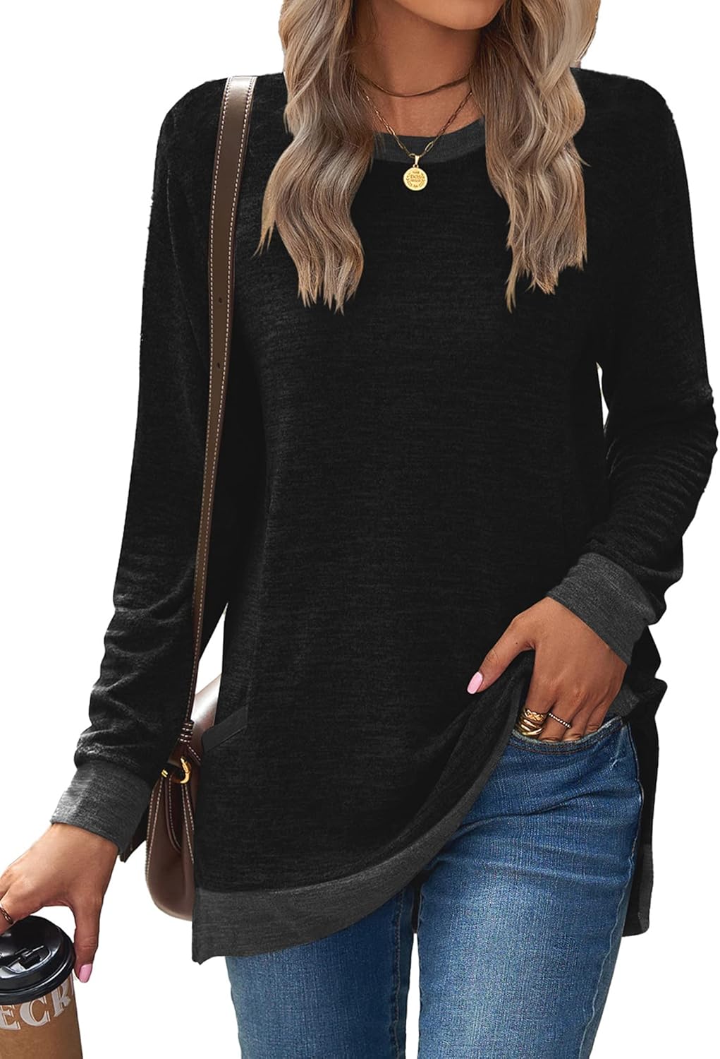 Famulily Ladies Longline Tops Color Block Jumper Sweatshirt Round Neck Long Slee...