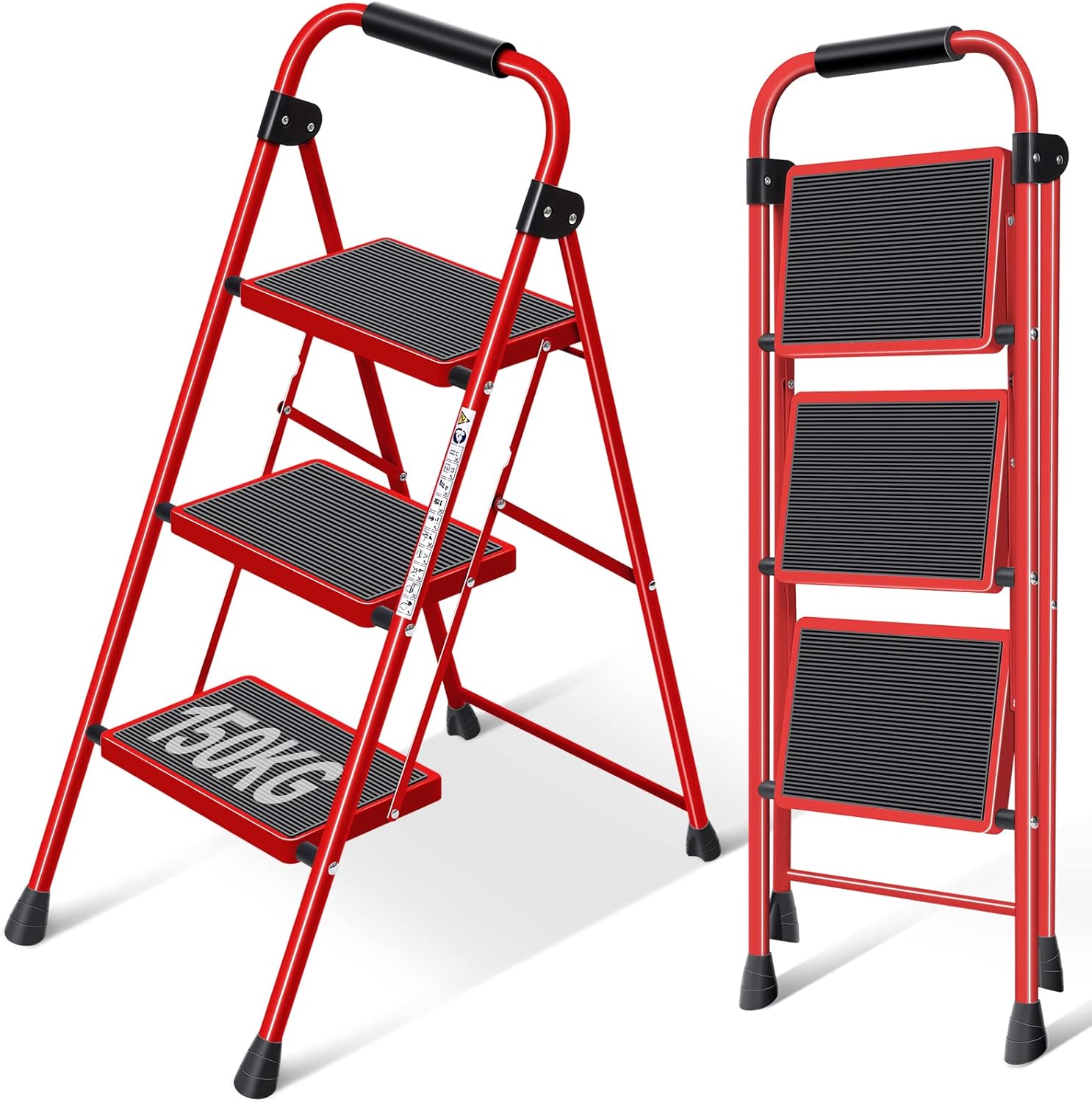 KINGRACK 3 Step Ladder, Folding Ladder with Non-Slip and Wide Pedal, Small Ladde...