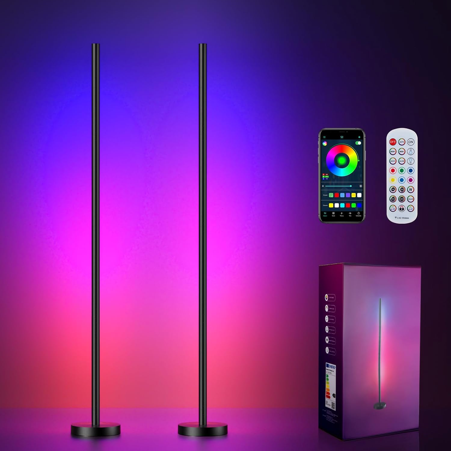 Corner Floor Lamp, 2 Pack LED Corner Lamp with App and Remote Control, RGBICW 16...