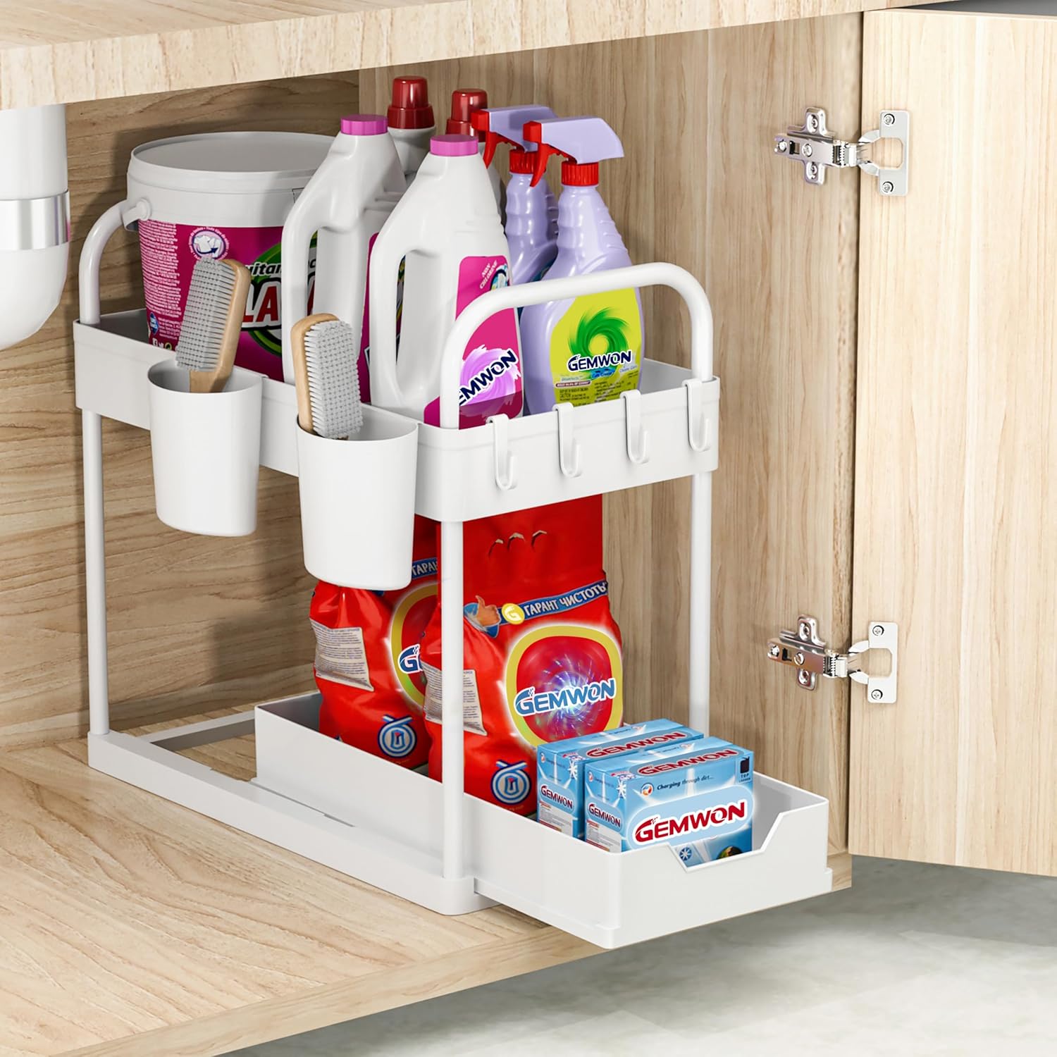 GEMWON Under Sink Storage Kitchen Organiser, 2 Tier Sliding Kitchen Storage Unde...