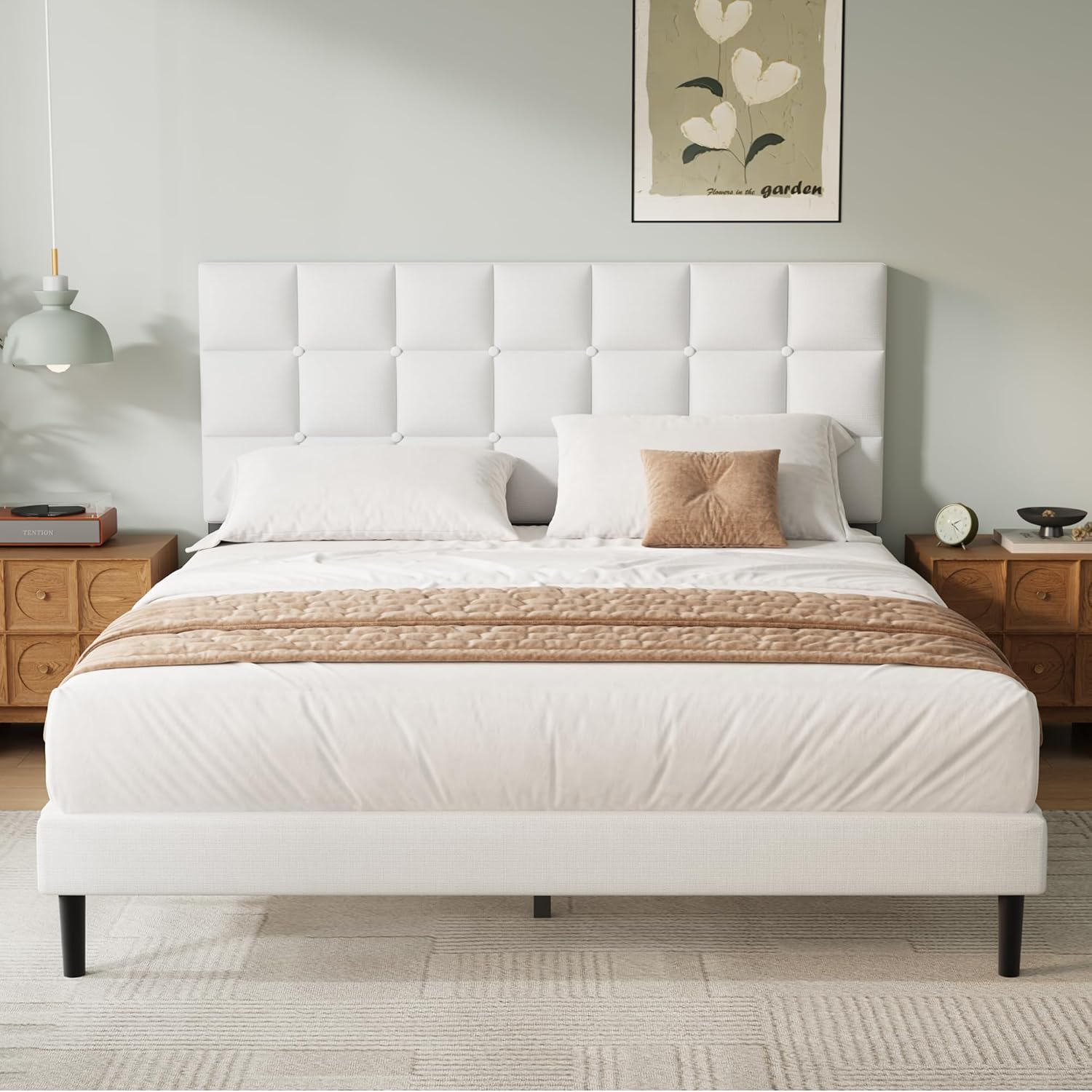 Yocreat Single Bed Frame, Easy Assembly, Sturdy Wooden Slat Support, Upholstered...