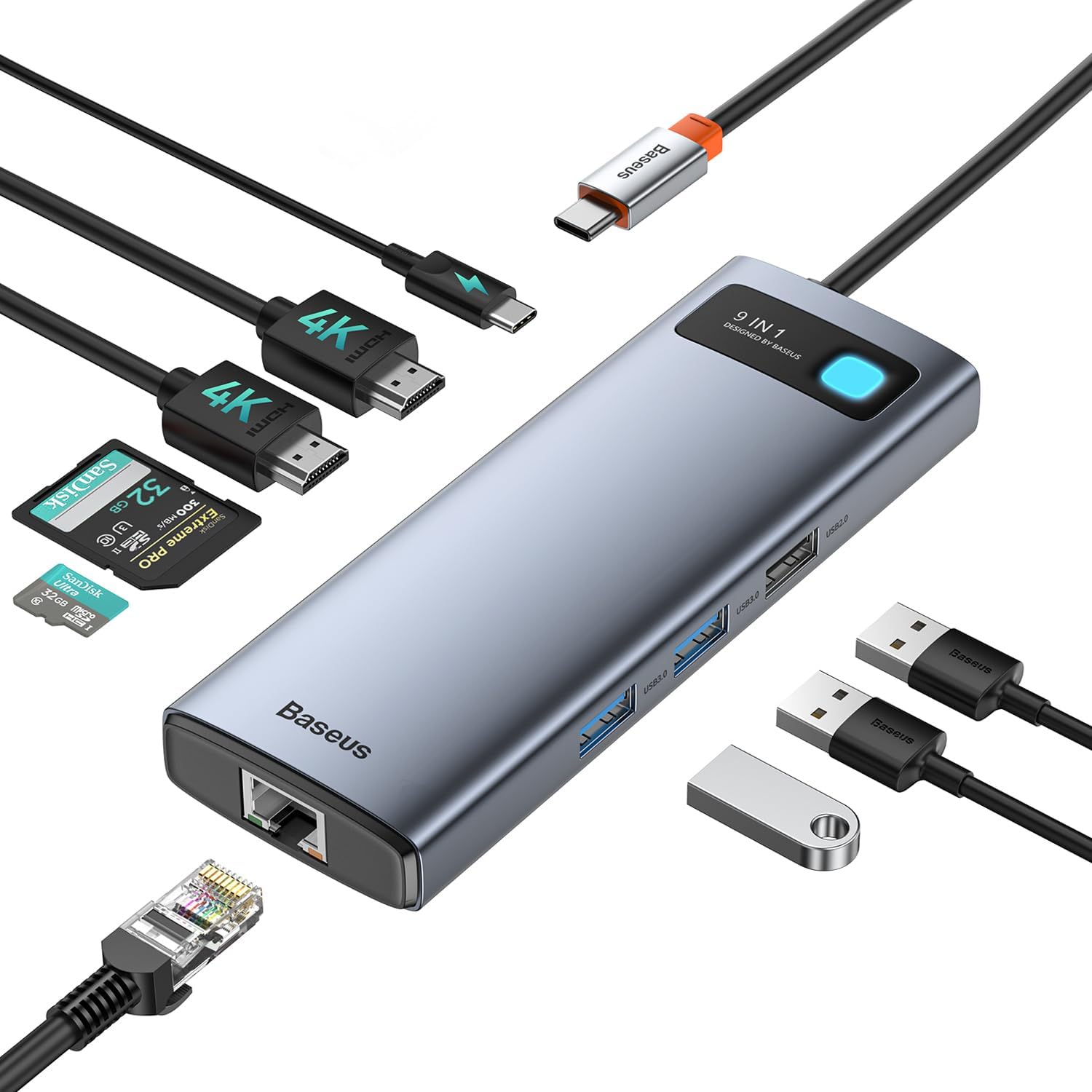 Baseus Laptop Docking Station Dual Monitor 4K@120Hz, 9 in 1 USB C Hub with 2 HDM...