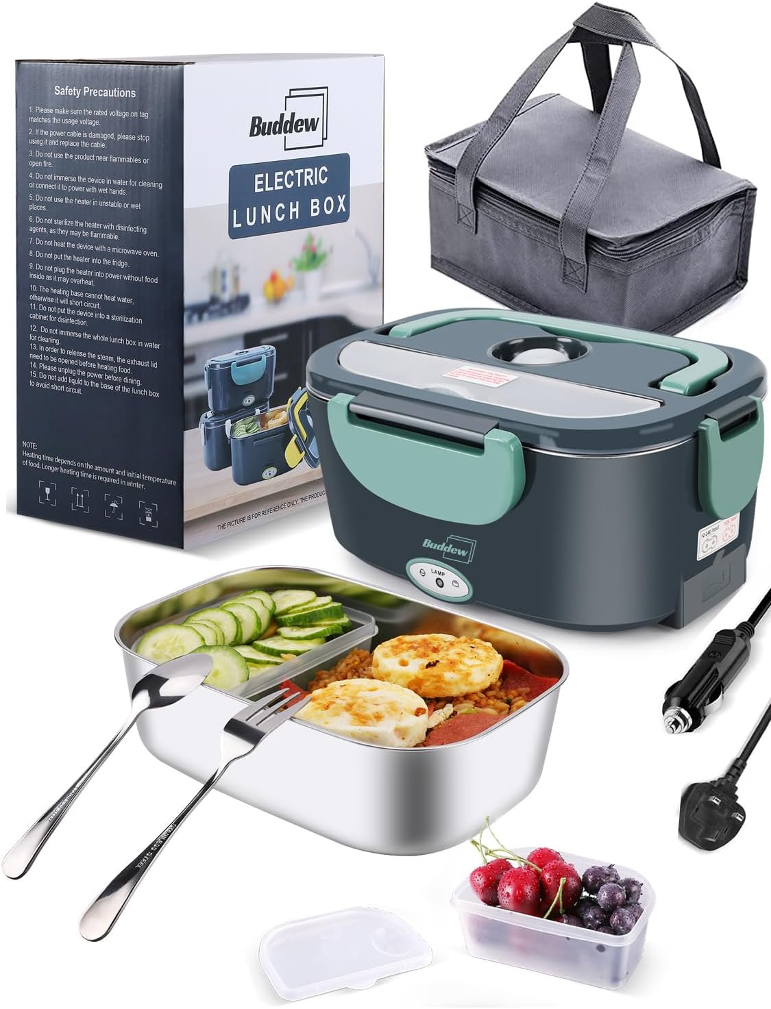 Buddew Electric Lunch Box 80W Food Heater 3 in 1 12/24/110-230V Portable Lunch W...