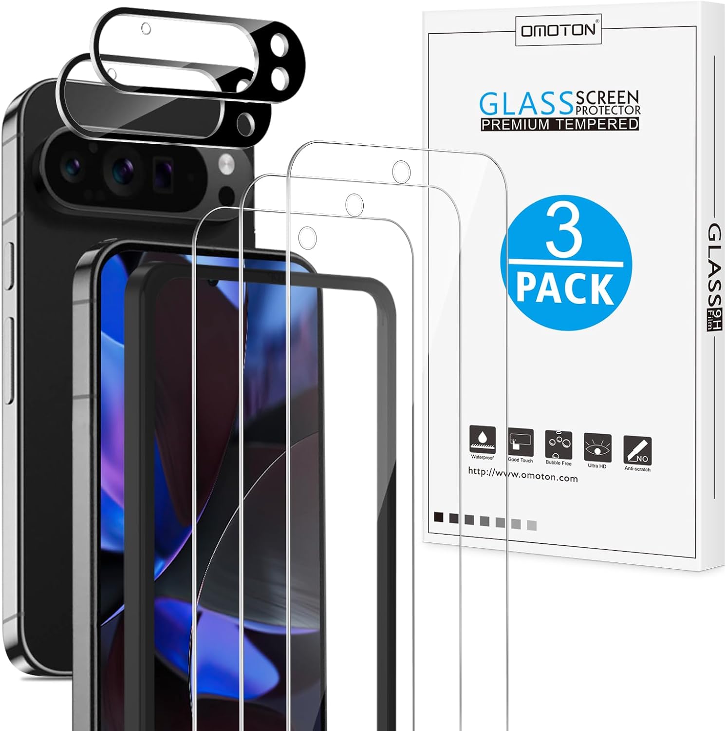 OMOTON 3+2 Pack for Google Pixel 9 Pro XL Screen Protector, 3 Tempered Glass Fil...