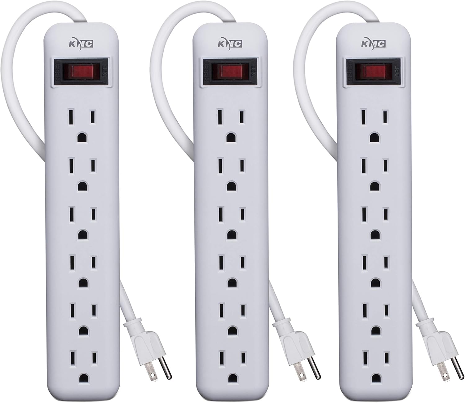 KMC 6-Outlet Power Strip 3-Pack, Overload Protection, 3-Foot Cord, White 3 Pack