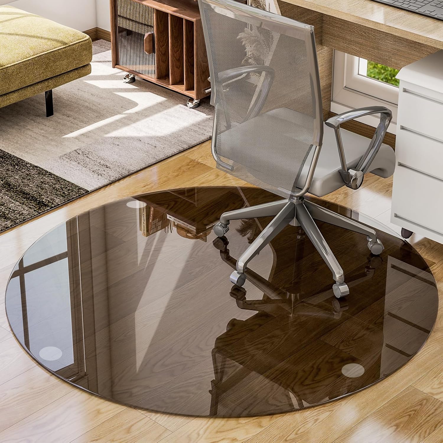 46" x 46" Glass Chair Mat, Round Tempered Glass Floor Mat for Office Chair on Ca...