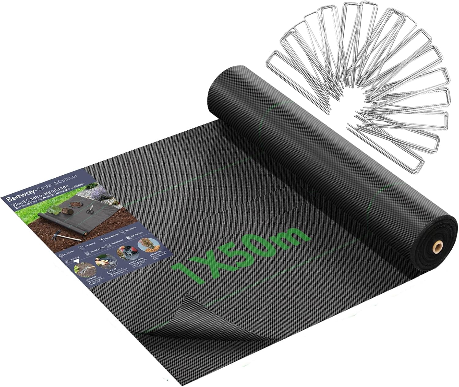 BEEWAY Weed Control Membrane 1m x 50m/Roll 90gsm with 50 Pegs 6"/150mm Φ3mm, Hea...