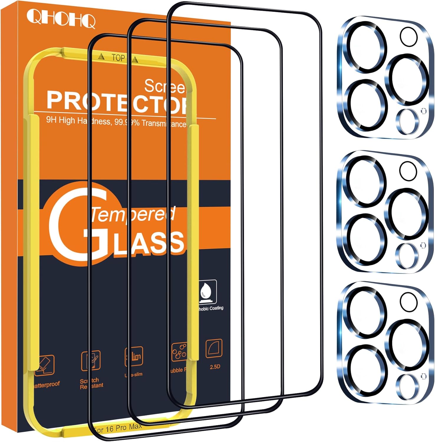 QHOHQ for iPhone 16 Pro Max Screen Protector with Camera Lens Protector, [Milita...