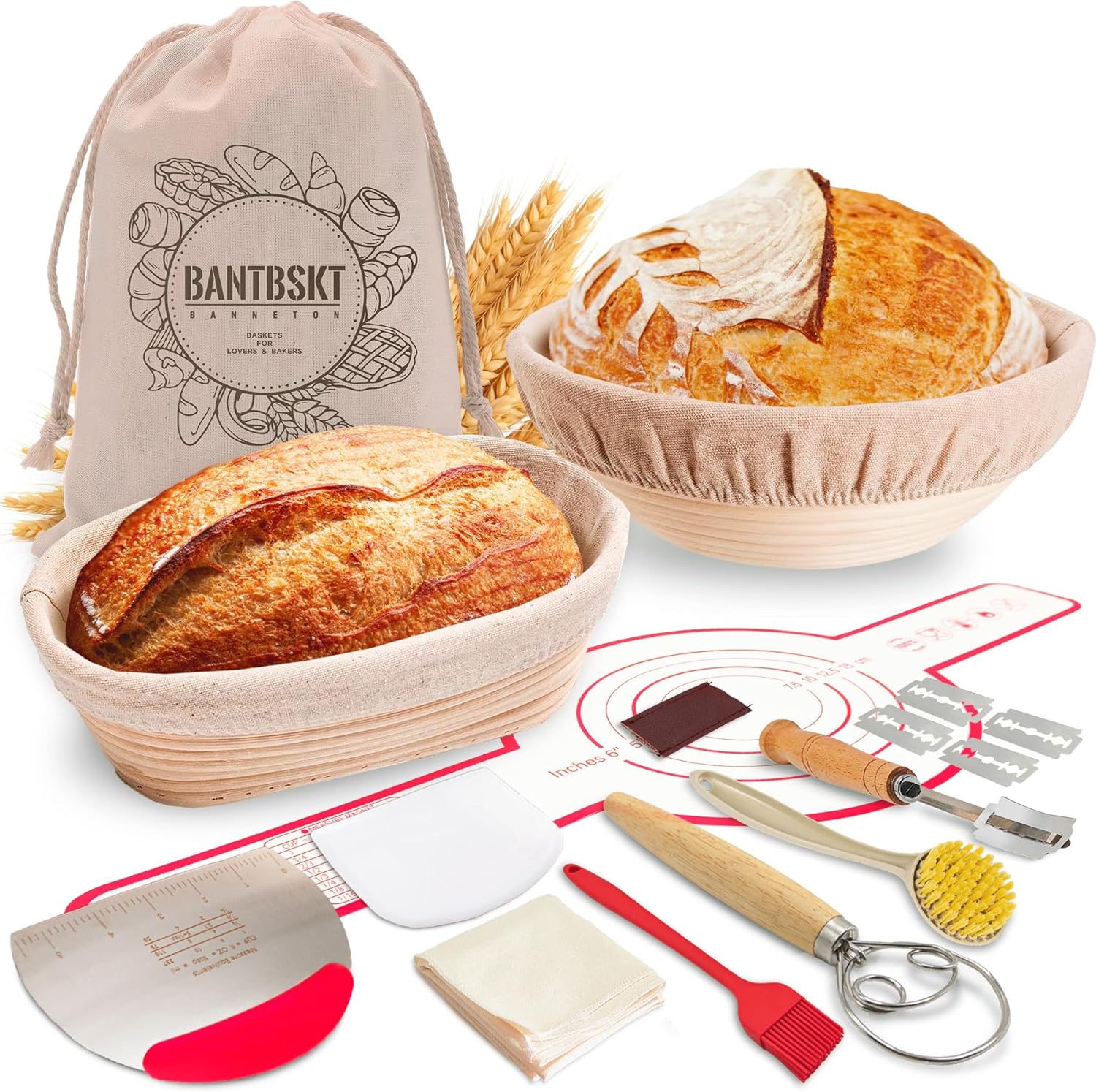 Banneton Bread Proofing Basket Set, Sourdough Starter Kit, 10'' Oval & 9'' Round...