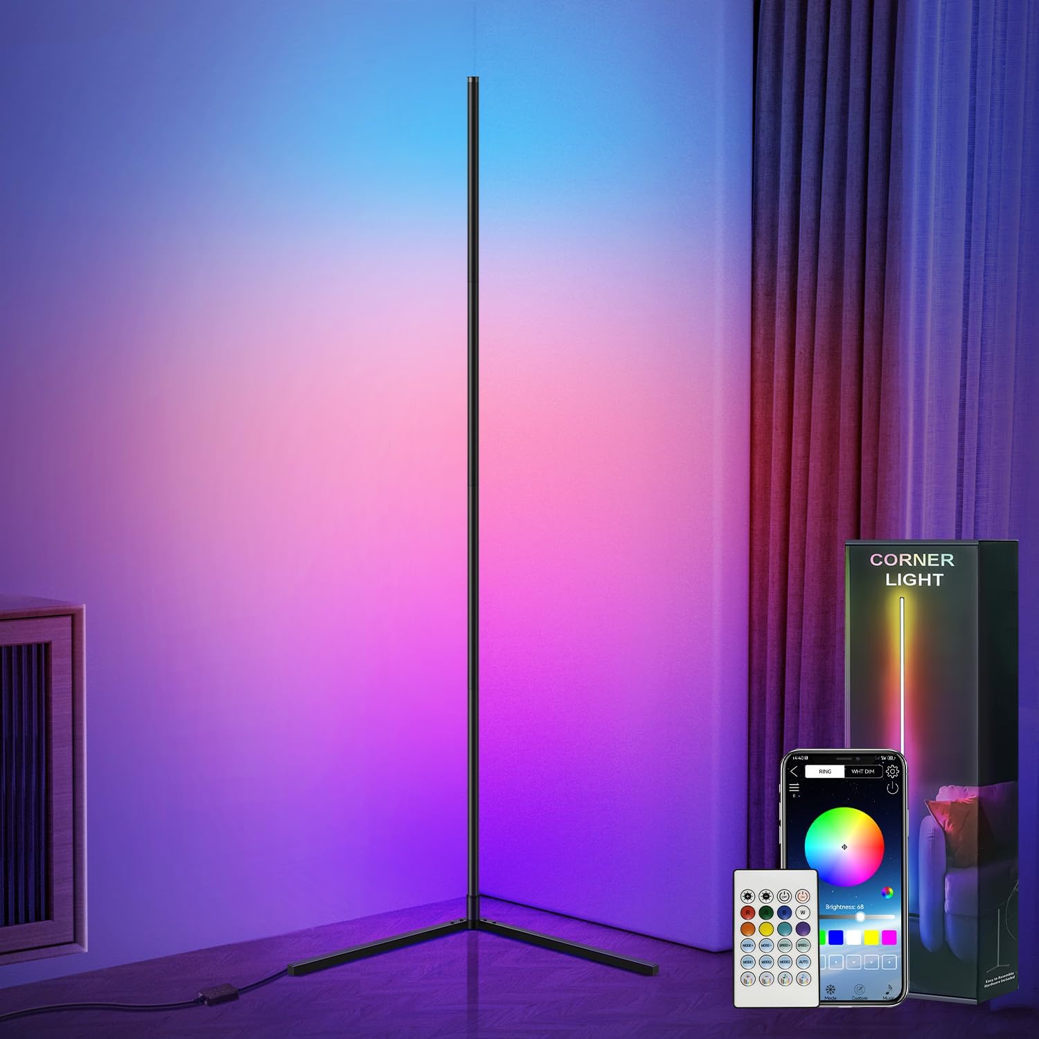 Corner Floor Lamp, Smart Adjust RGB LED Lights with 20 Million Colors & 800+ Mod...