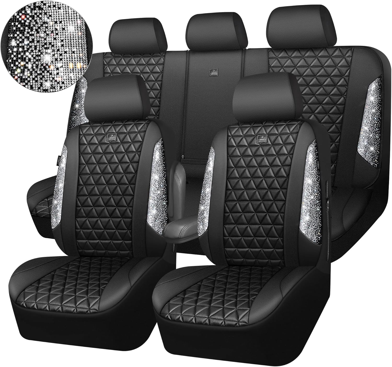 CAR PASS Bling Diamond Leather Car Seat Covers Full Seats Interior Sets, Waterpr...