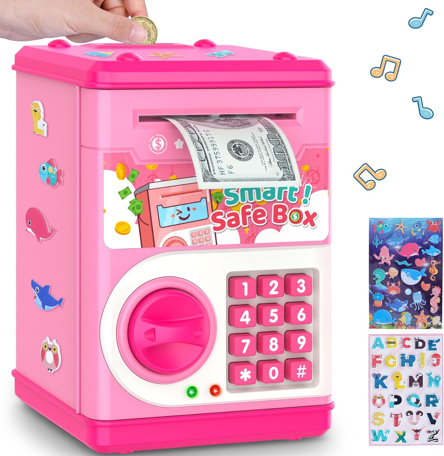 Pink Piggy Bank for Kids with Password Code Lock and Auto Grab Bill Slot, Philae...