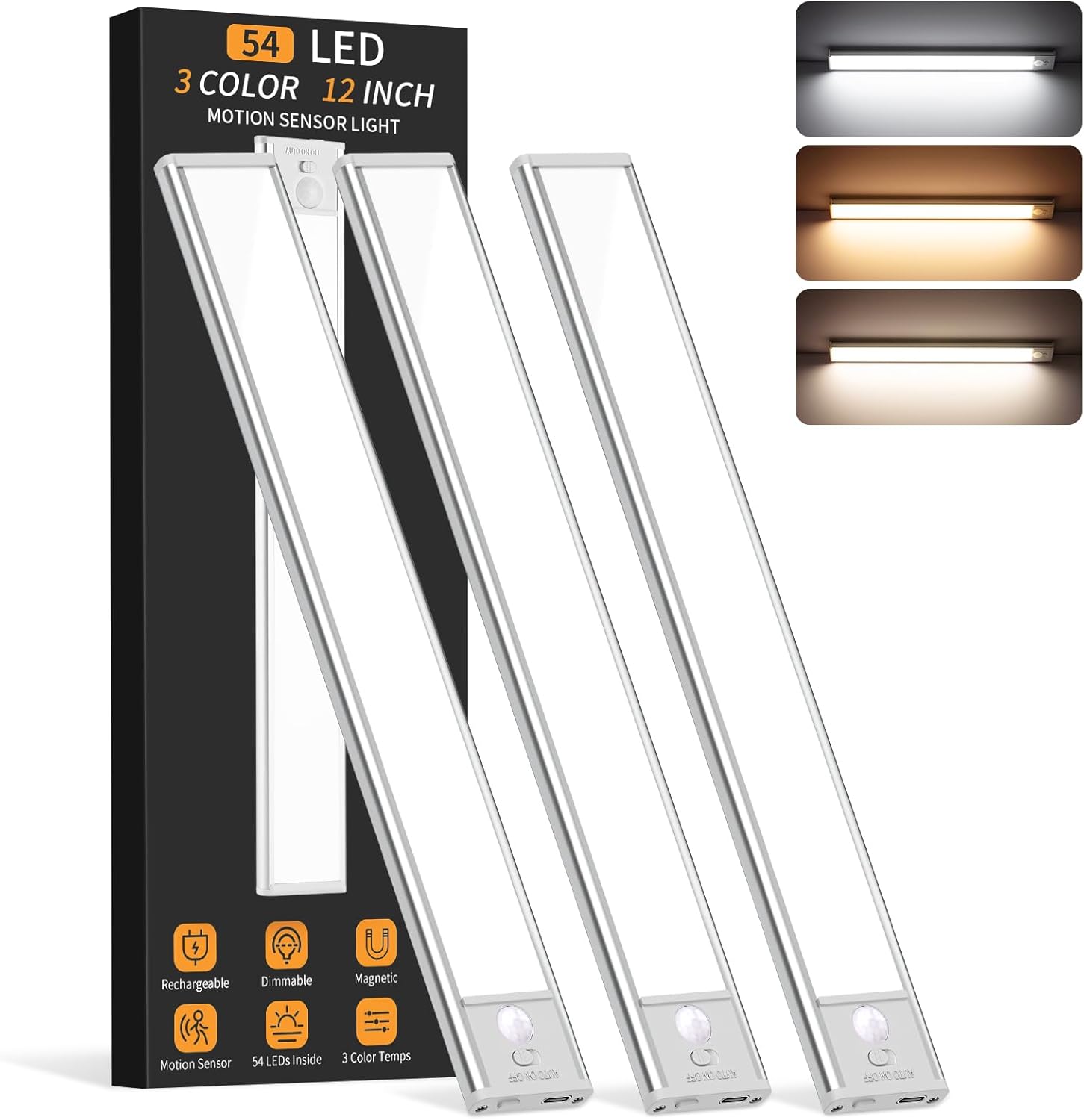 Under Cabinet Lighting Wireless, 54 LED Motion Sensor Light Indoor, 3 Color Dimm...