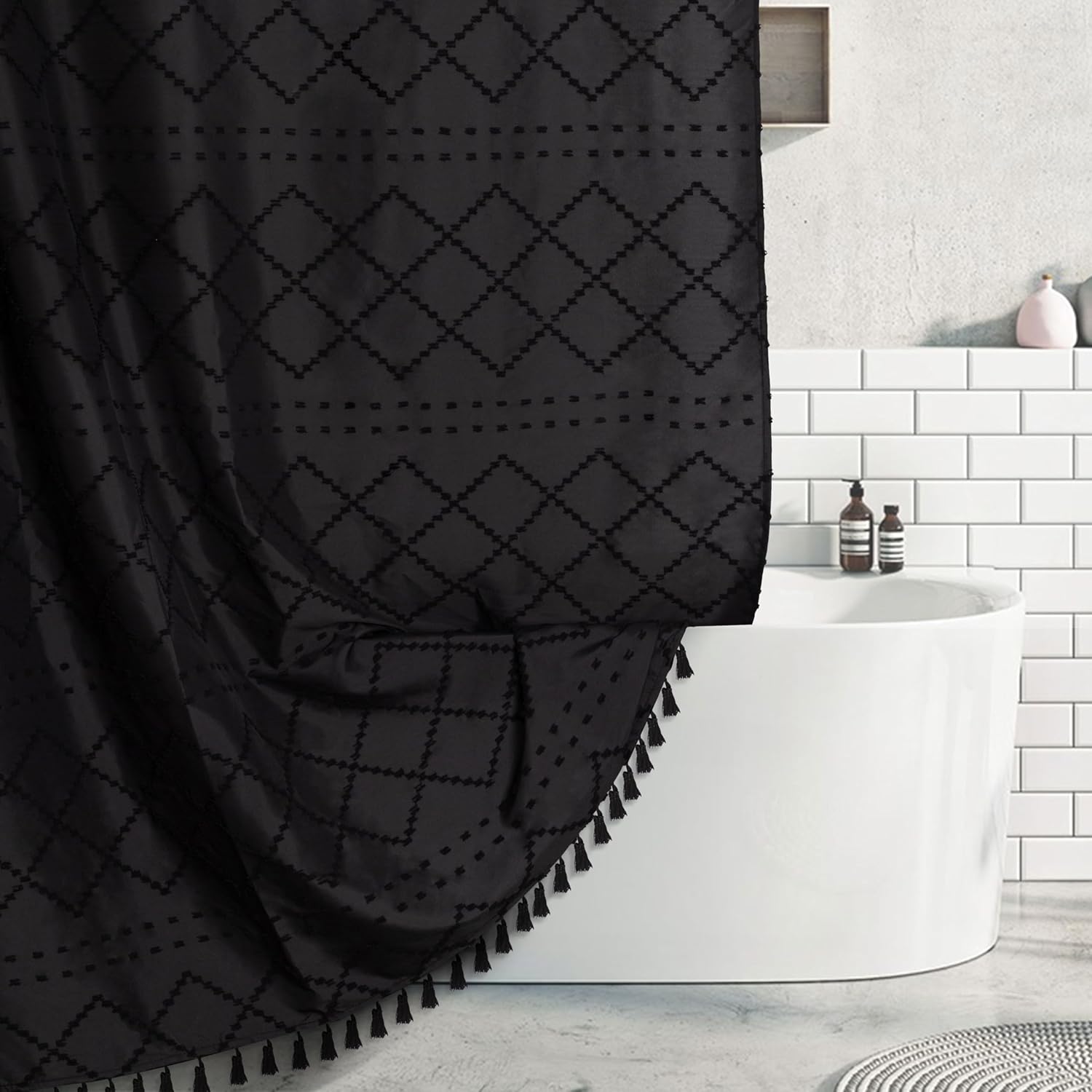 Boho Black Textured Shower Curtain with Tassels 72 x 72 Tufted Chevron Striped C...