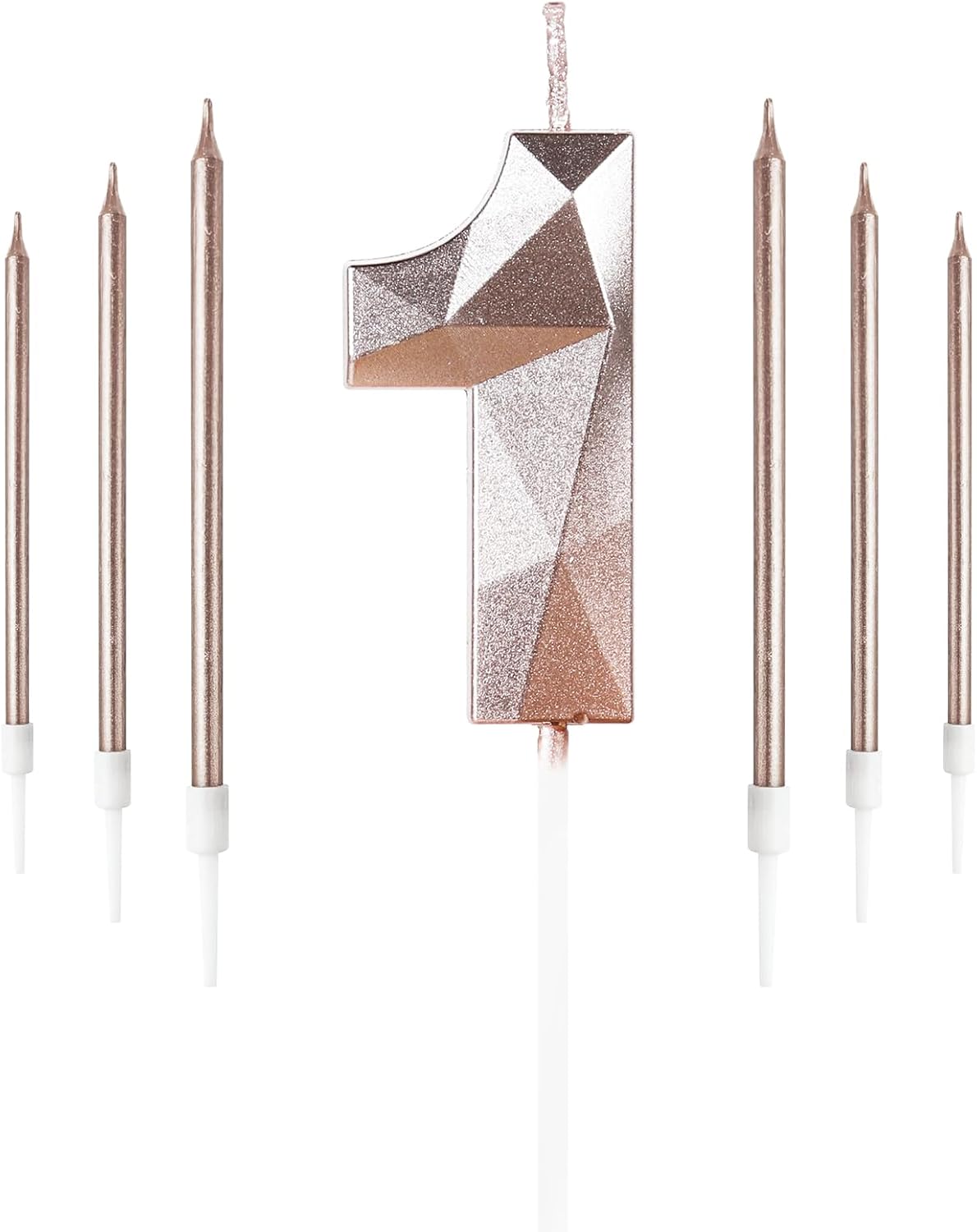 Rose Gold 1st Birthday Candles Set, Number 1 Candle with Rose Gold Long Candles,...