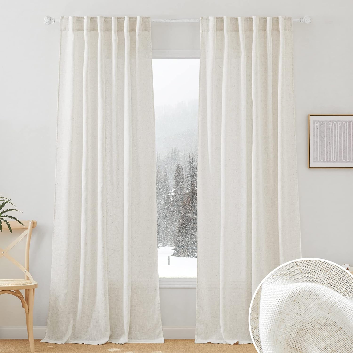 RYB HOME Semi Sheer Curtains - Linen Blend Privacy Curtains Sheer Window Treatme...