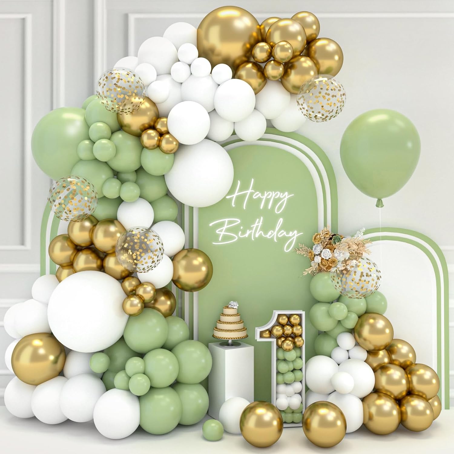 Green Balloons Arch Kit - 102pcs Sage Green Balloons Garland Kit with Gold Ballo...