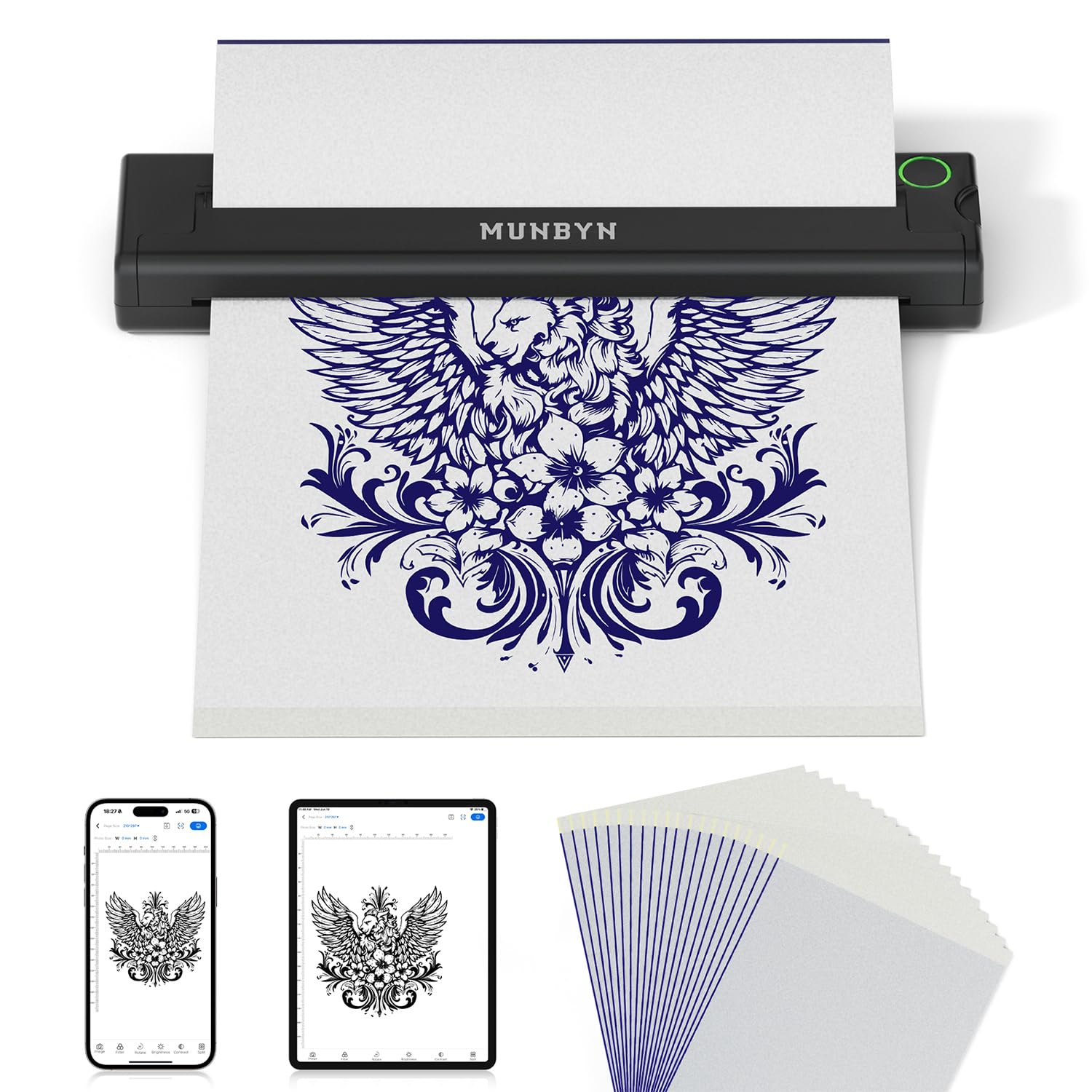 MUNBYN Tattoo Stencil Printer ITP05, Wireless Thermal Tattoo Printer with 20 Tra...