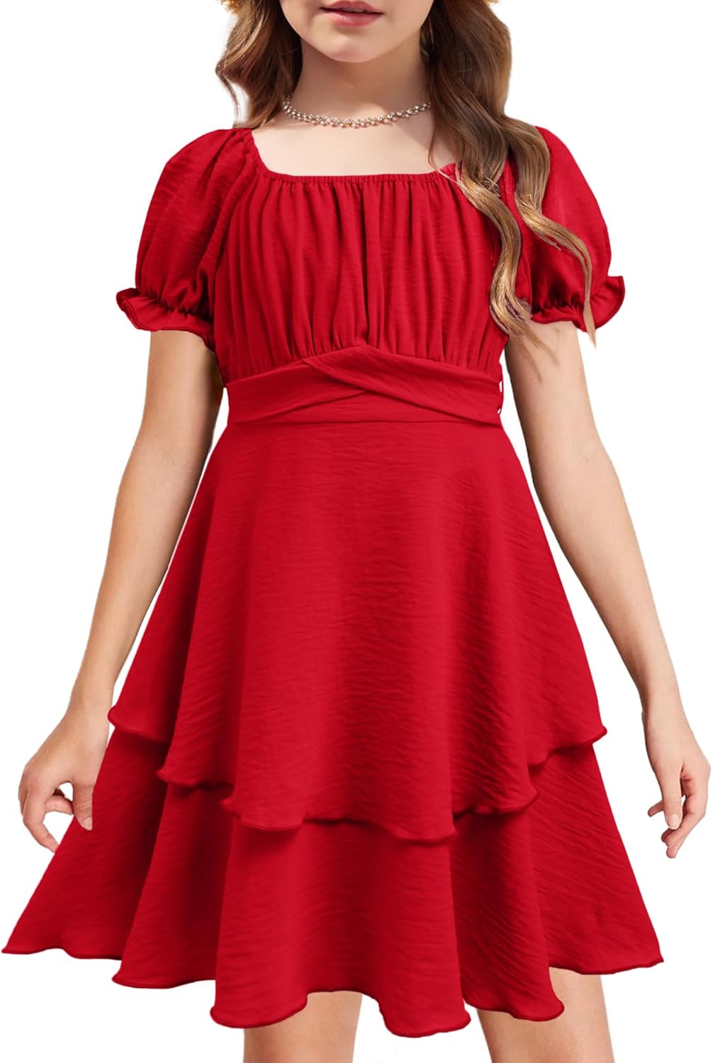 Arshiner Girls Summer Dress Puff Sleeves Chiffon Dress A-Line Tiered Dress Squar...