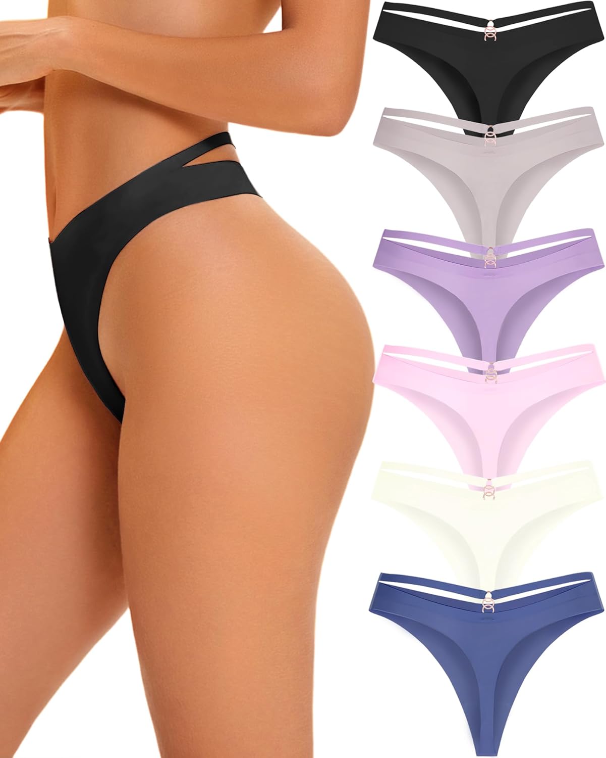 Women's Underwear Seamless Thongs 6 Pack No Show Thong Breathable Invisibles Hol...