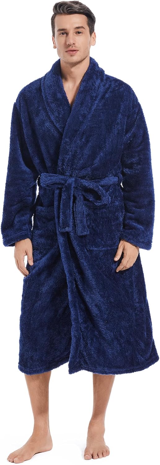 Inner Wish Mens Plush Fleece Robe, Cozy Warm Bathrobe Fuzzy Male Spa Long Robe W...